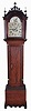 Timothy Chandler, Concord, New Hampshire, Roxbury style tall case clock, 8 day, time and strike, weight driven movement in a red stained yellow birch case with fret work top, three brass finials, turned columns flanking hood, fluted quarter columns with brass capitals flanking trunk door on base with nicely cutout skirt and straight bracket feet. The painted metal dial has floral painted spandrels, bird in arch, seconds bit and calendar wheel.