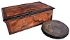 B.H.A., St. Croix, Switzerland, "The Brittania" disc music box with 5 inch comb having 57 teeth, playing 12 inch diameter discs, in wood case with matched mahogany and burled walnut veneer and banded inlay, the underside of the lid featuring the manufacturer and model name along with polychrome images symbolizing Great Britain 11 (Eleven) discs included, most printed with the Britannia logo. Song titles include: "The Holy City", "Annie Laurie", "Rock of Ages", "Onward Christian Soldier", and others.