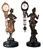 Clocks- 2 (Two) Mystery Swingers: (1) Diana with porcelain arabic numeral dial with Junghans logo mounted on the pendulum and suspended from the patinated figure's outstretched arm, one-day movement, all on an ebonized turned wooden base; (2) Country Lady in bustled dress and apron on a composite turned base, unmarked Arabic numeral porcelain dial and one-day movement.