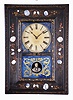 J. C. Brown, Forestville, Conn., (Forestville Mfg), early and uncommon "Picture Frame" clock. A paper mache case decorated with mother of pearl and gold painted flowers over a black background. 8 day