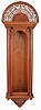 Jeweler's Regulator Case Only- 2 (Two): hanging in oak with fretwork top above sunburst carving and dental molding, full columns on door and carved trim on base, circa 1890; (2) standing in mahogany signed and dated inside of base, dated 1940
