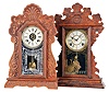 Clocks- 2 (Two) American Shelf: (1) E. N. Welch Mfg. Co., Forestville, Conn., "Assortment A. No.3" mantel clock, 8 day, time and strike, spring driven movement in a pressed oak case, c. 1900; (2) Ansonia Clock Co., New York, "Aden" mantel clock, 8 day, time and strike with alarm, spring driven movement in pressed oak case, c1906.