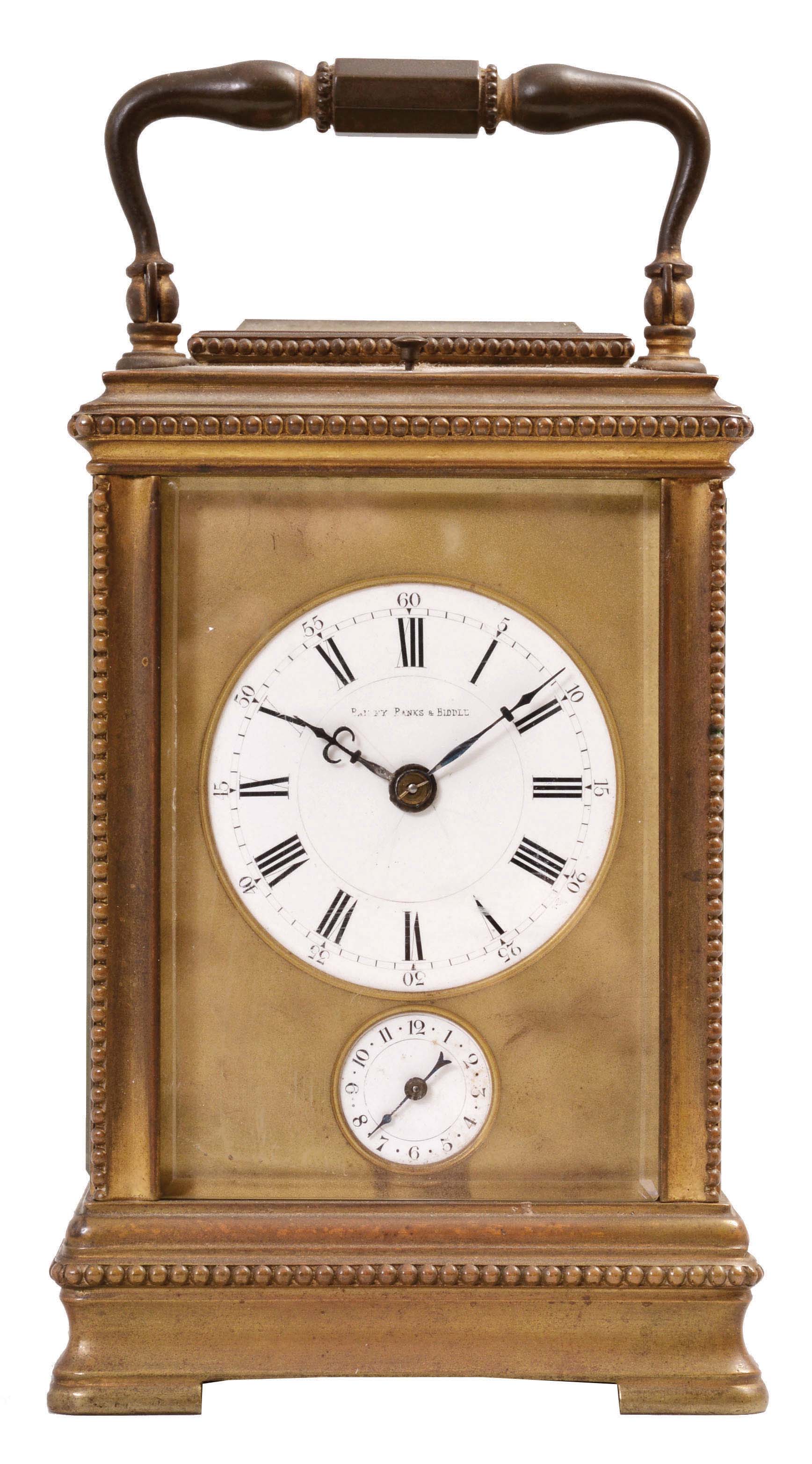 France for Bailey, Banks & Biddle, Philadelphia, Penn., carriage clock, 8 day, time and petite sonnerie with alarm, lever escapement, repeat button sounding the last hour and quarter, all in a gilt brass case with beveled front, side, back, and top glasses, white enamel dials. — Antique Clocks Price Guide