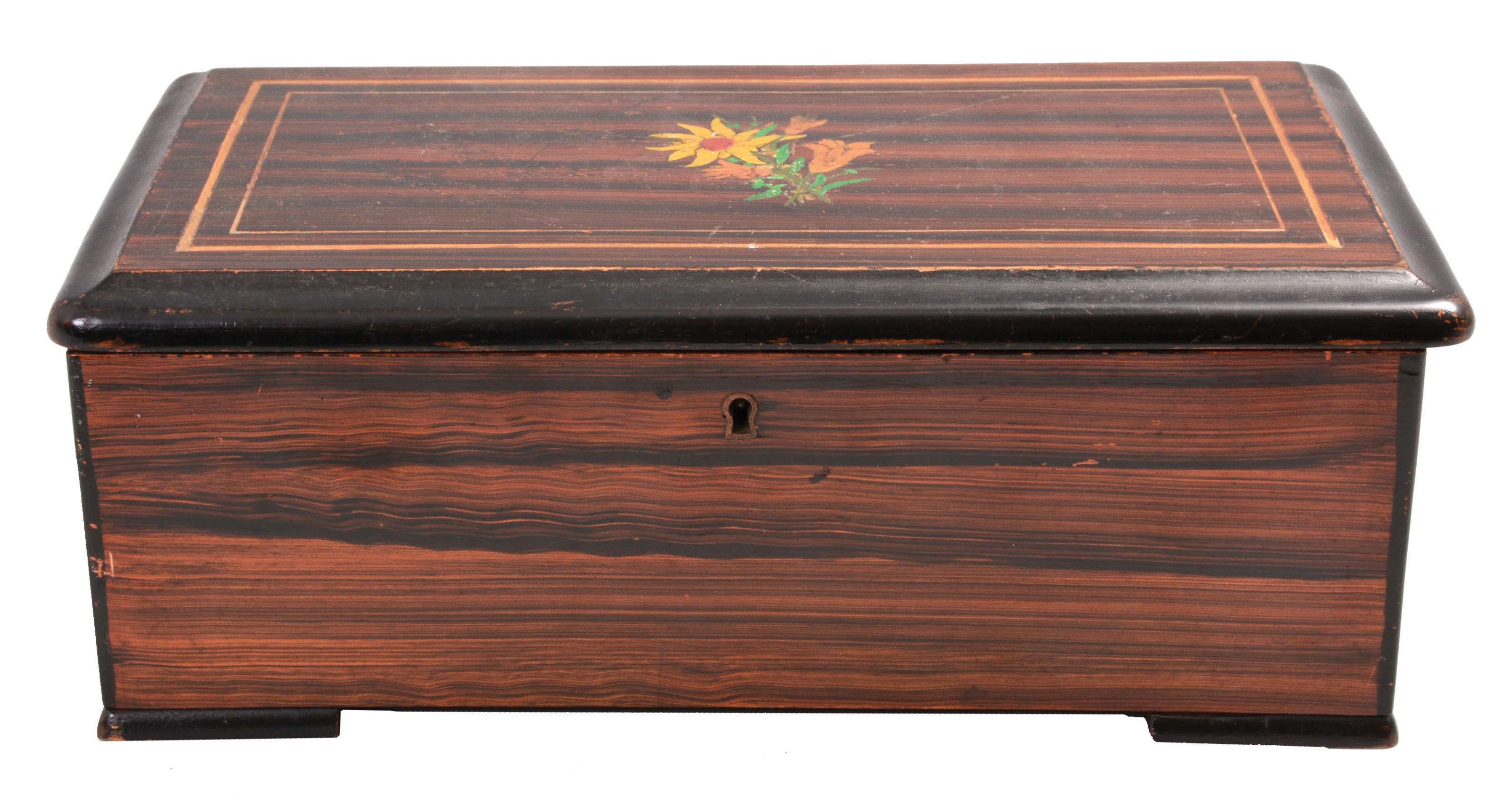 Switzerland, music box playing 4 tunes with a 3.5 inch cylinder on a comb with 44 teeth in wood case grain-painted to look like rosewood with a floral motif on the lid. Tunes include "Home Sweet Home", "Dancing in the Barn", "The Star Spangled Banner", and one other. — Antique Clocks Price Guide