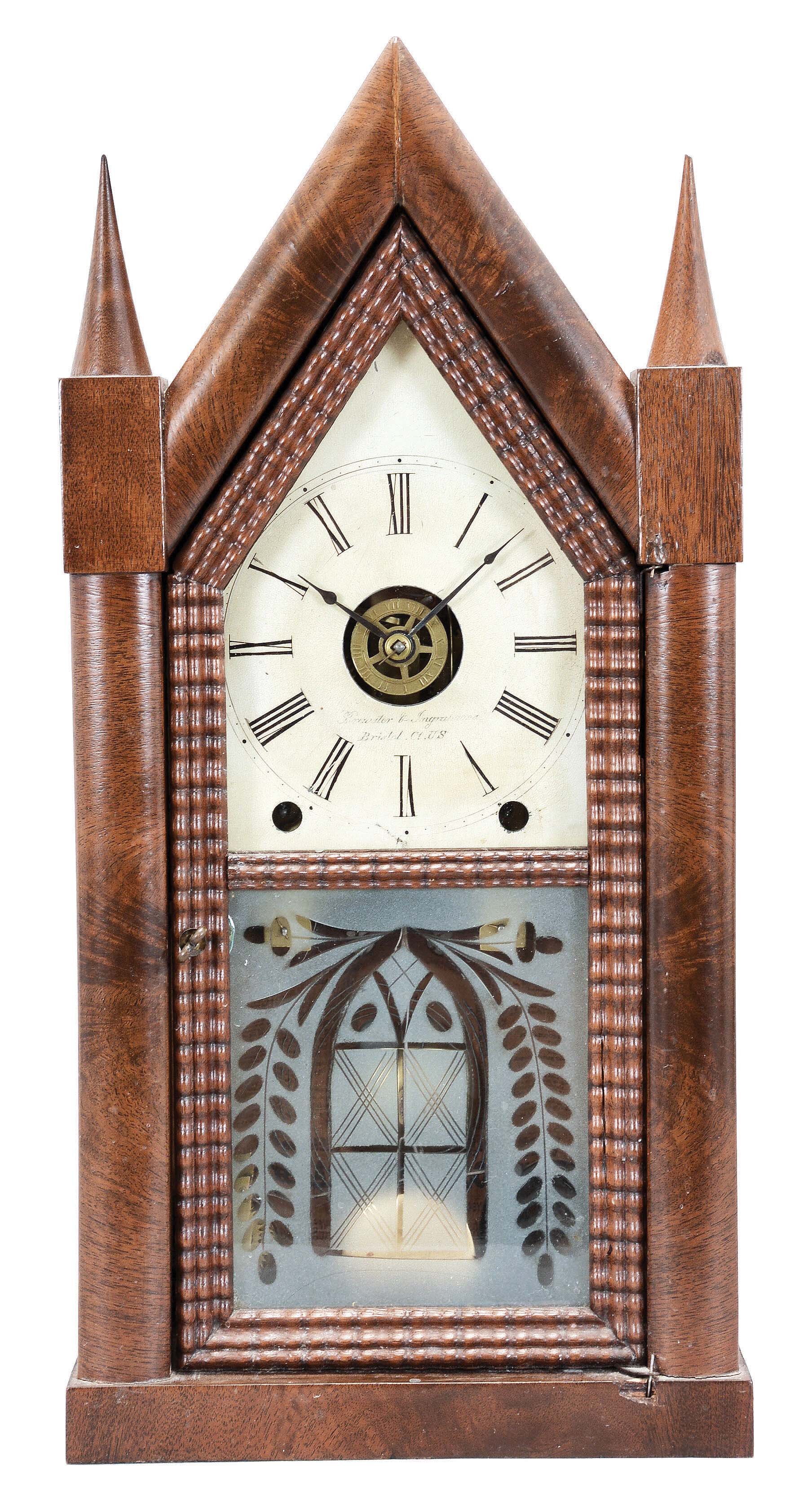 Brewster & Ingrahams, Bristol, Conn., 8 day, time, strike and alarm ripple door sharp gothic or steeple clock. — Antique Clocks Price Guide