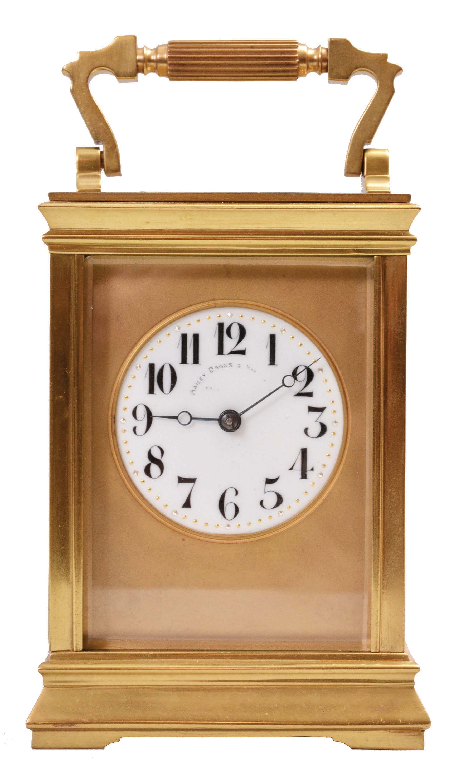Couaillet Freres, France for Bailey, Banks & Biddle, Philadelphia, carriage clock, 8 day, time and strike, spring-driven movement with lever escapement in a polished brass Anglaise case with five beveled glasses, white porcelain dial with Arabic numerals and blued steel Breguet hands, all in original leather carrying case. — Antique Clocks Price Guide