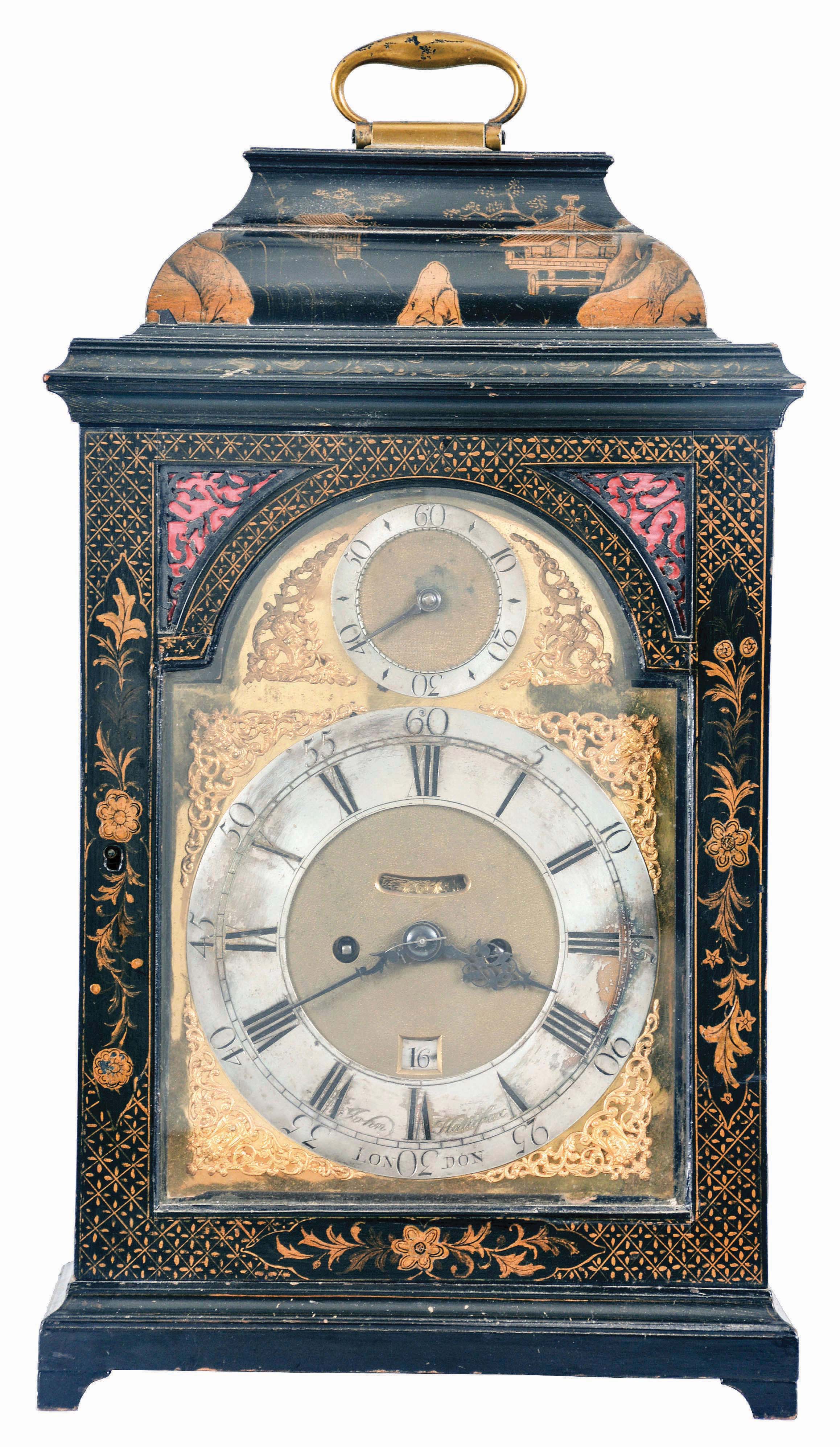 John Halifax Japanned Bracket Clock, London, with composite brass arch dial, silvered roman numeral chapter ring signed at six o'clock position, "John Halifax/London", recessed date aperture and faux pendulum, regulation dial in the arch, blued steel hands, matted centers and brass spandrels, the molded top case with japanned decoration of a Chinese pagoda and brass carrying handle at the top, dial door with floral decoration and pierced sound frets and sides both backed with red fabric, all resting on short bracket feet, the rear glazed door opens to the eight day, cable fusee, verge escapement movement with rack striking on the hour, back plate fully engraved with centered woman playing a violin, rise and fall pendulum with small brass bob and pendulum holder. — Antique Clocks Price Guide