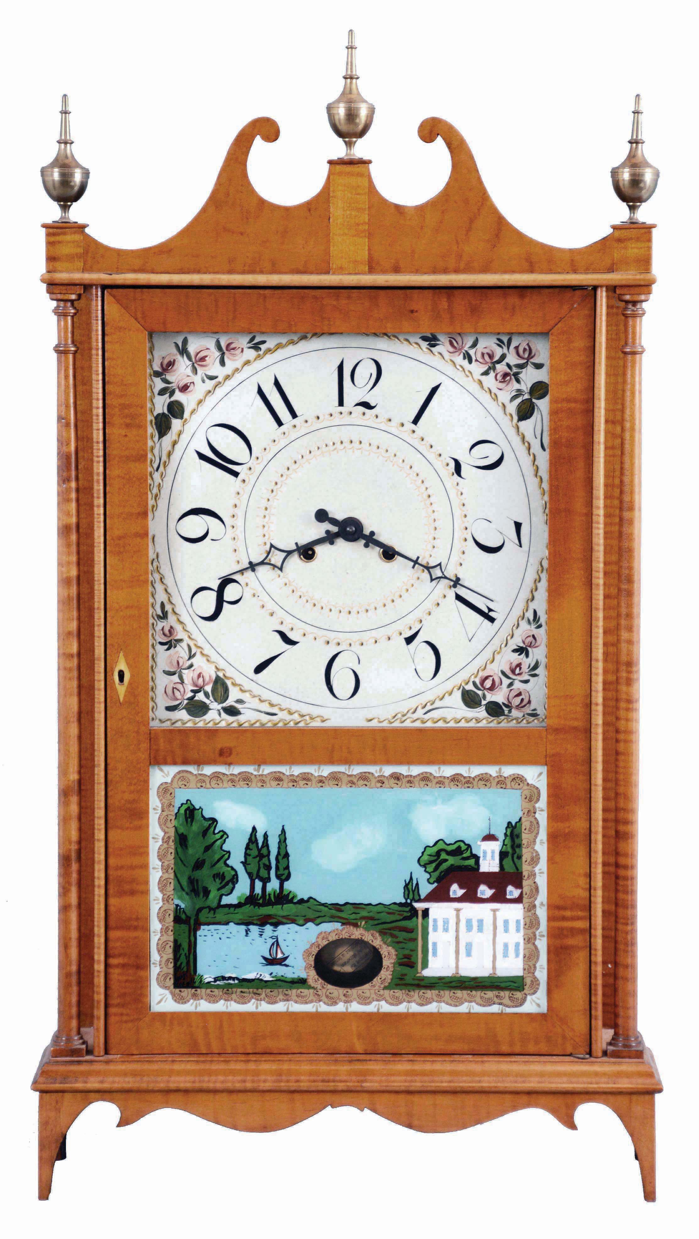 Unknown, 8 day, time and strike, spring brass movement reproduction curly maple pillar & scroll shelf clock. — Antique Clocks Price Guide