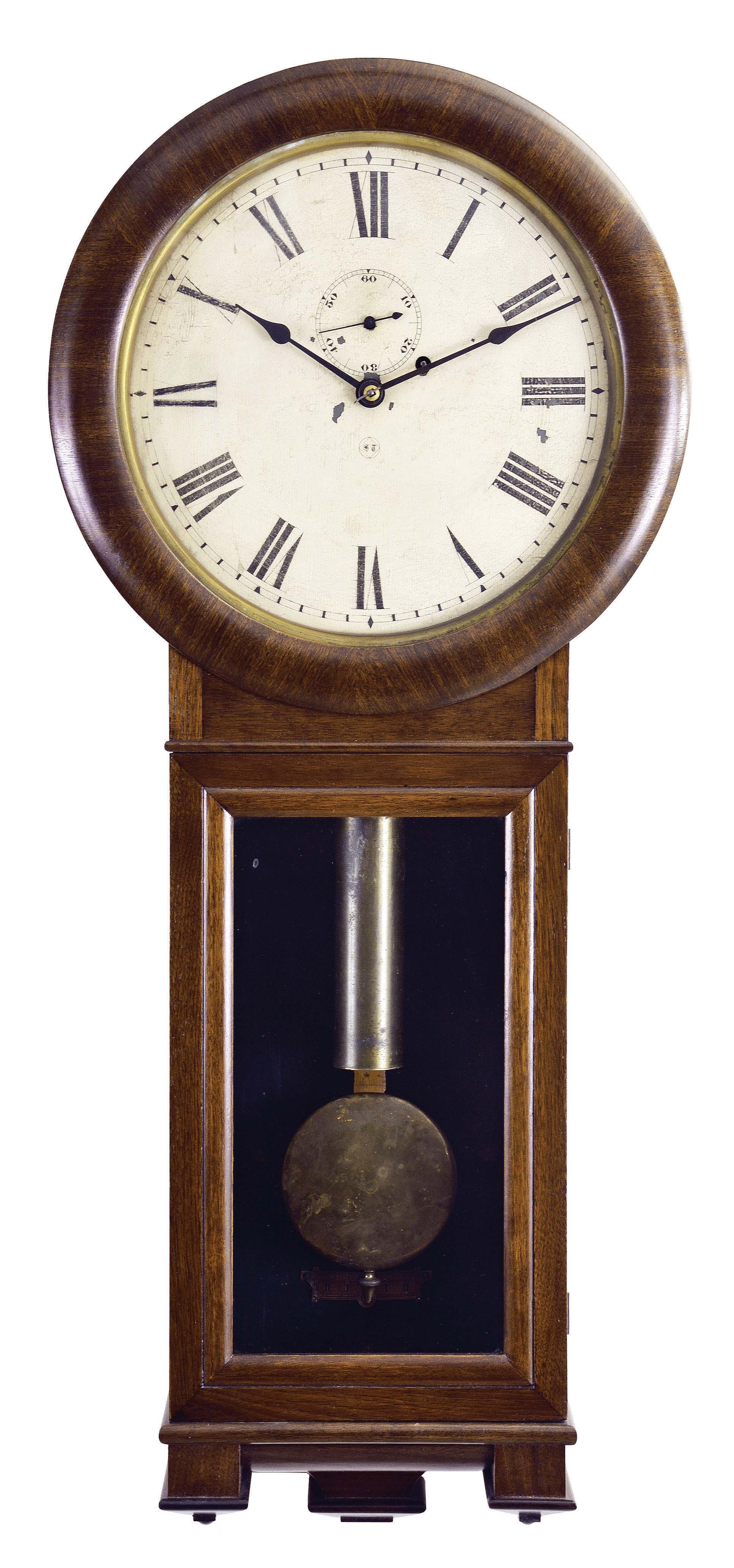 Seth Thomas Clock Co., Thomaston, Conn., "Regulator No. 2" wall clock with a weight driven, 8 day, timepiece movement with maintaining power in a walnut veneered case. — Antique Clocks Price Guide