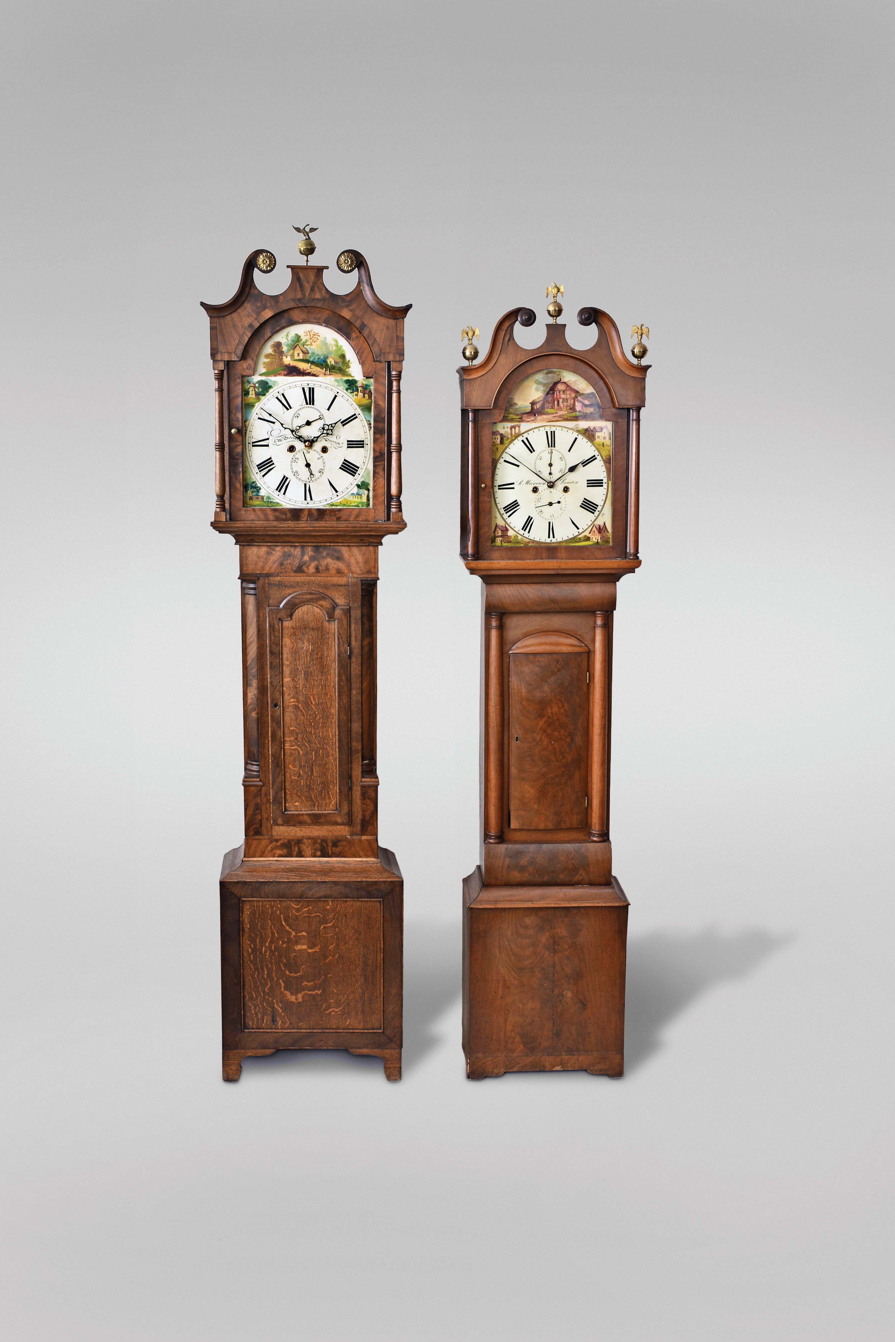 Tall Clocks- 2 (Two) England / Scotland, 8 day, time and strike, weight driven movements in broken arch topped cases with painted metal dials: (1) J.M. Gibson, Alnwick in oak; (2) R. Murray, Lauder in mahogany — Antique Clocks Price Guide
