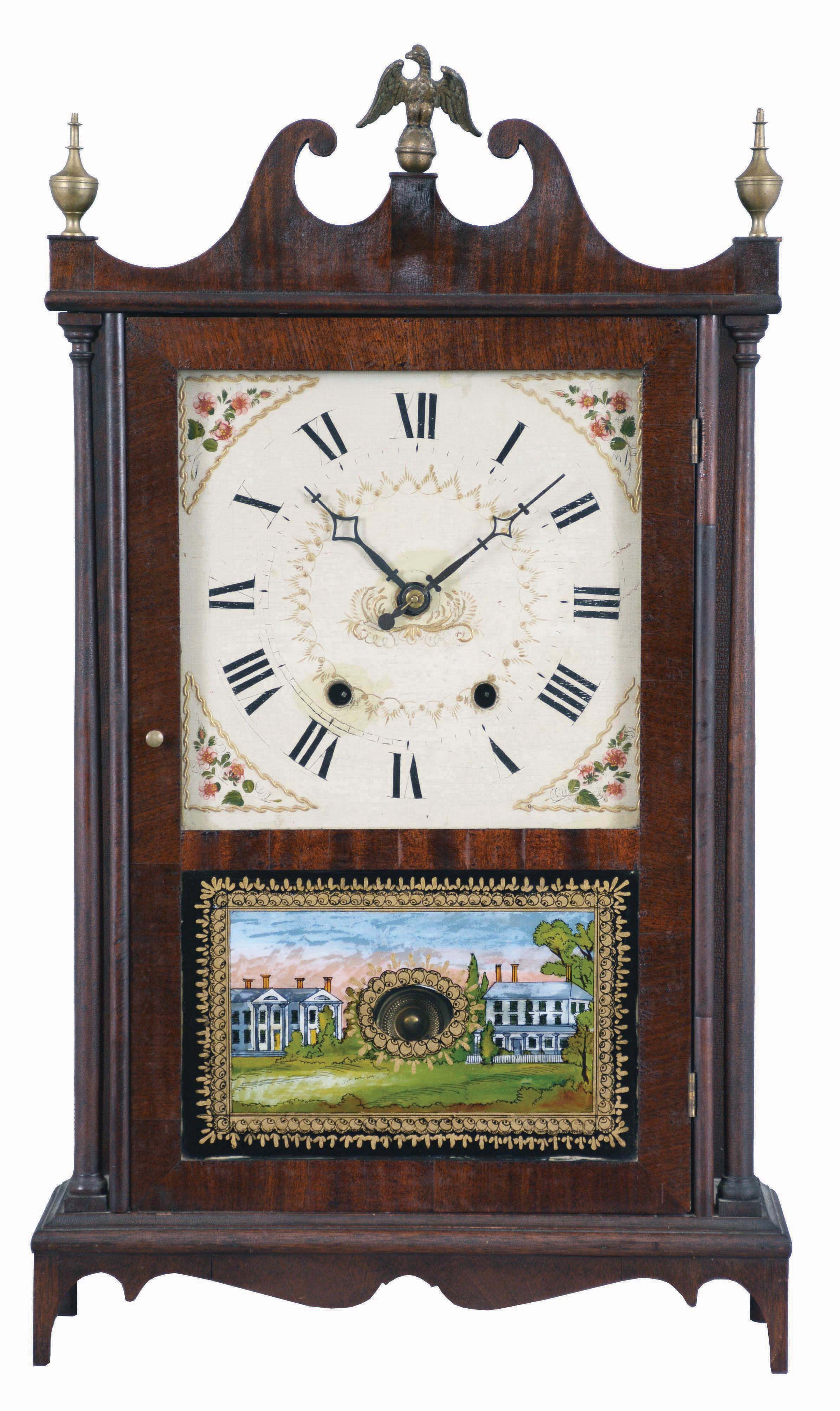 Mark Leavenworth, Waterbury, Conn., 30 hour, time and strike, weight wood movement pillar & scroll shelf clock. — Antique Clocks Price Guide