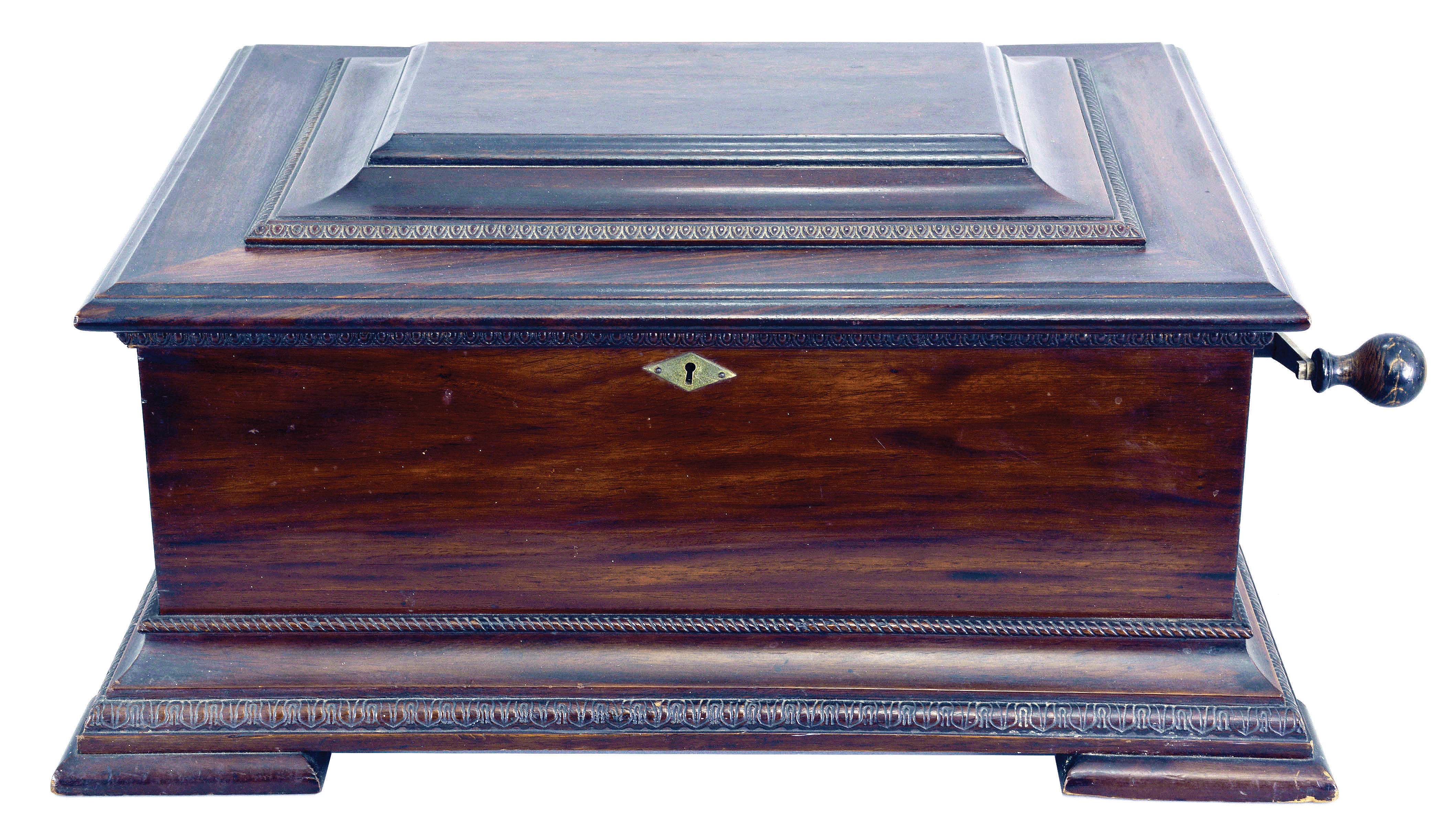Mermod Freres, St. Croix, Switzerland, "Stella Concert No. 150", cylinder music box with duplex comb, playing 14 inch discs in a mahogany case with molded base and lid, with15 discs. — Antique Clocks Price Guide