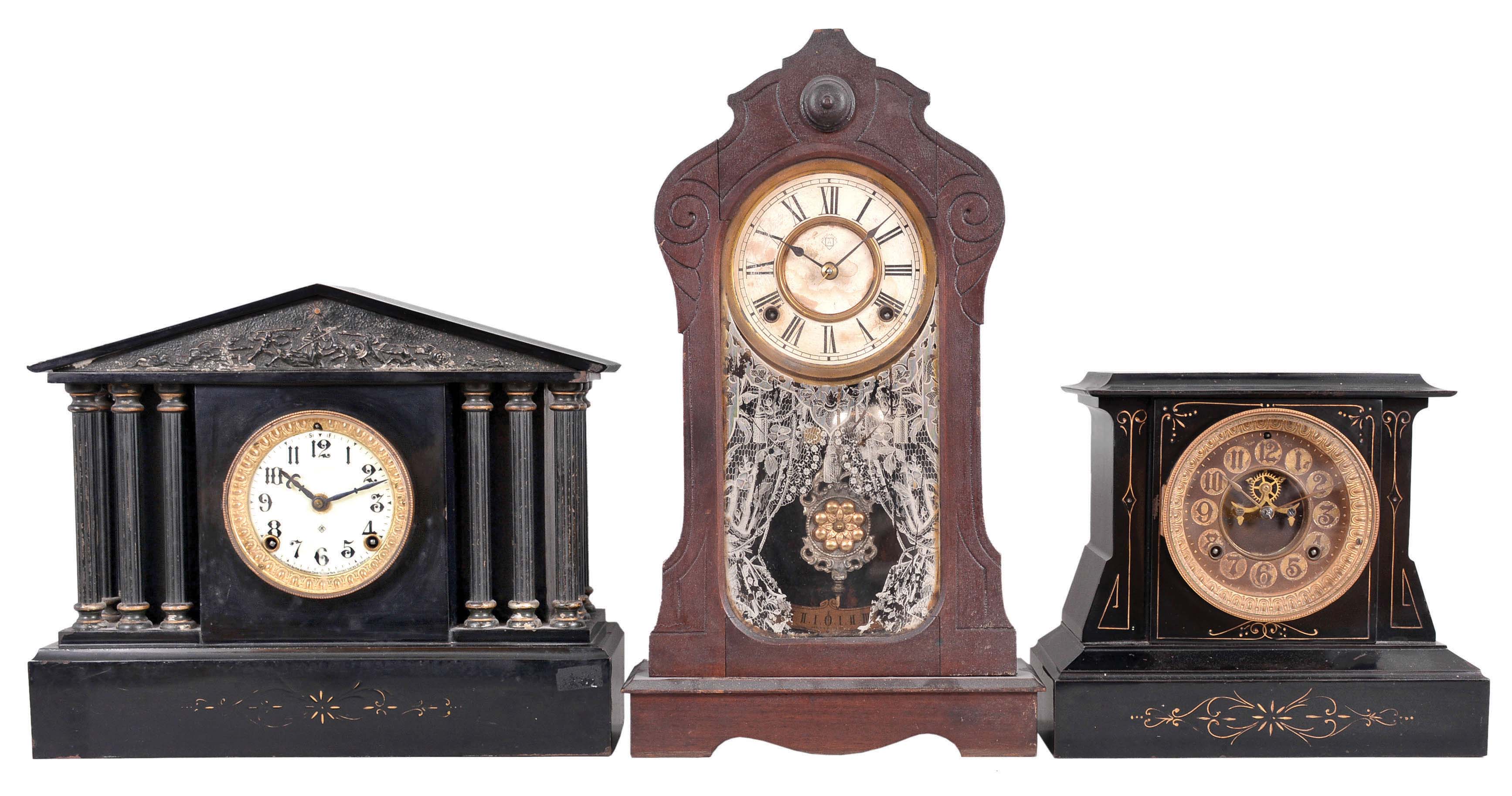 Clocks- 3 (Three) Ansonia Mantel: (1) Ansonia Clock Co., New York, "Grenoble " mantel clock, 8 day, time and strike, spring-driven movement in a black enameled iron case, c1914; (2) Ansonia Clock Co., New York, "Servia", mantel clock, 8 day, time and strike, spring-driven movement with visible escapement in a black enameled iron case, c1886; (3) Ansonia Clock Co., New York, "Plebeian" walnut mantel clock, 8 day, time and strike, spring-driven movement with nice pendulum and tablet, c1880. — Antique Clocks Price Guide