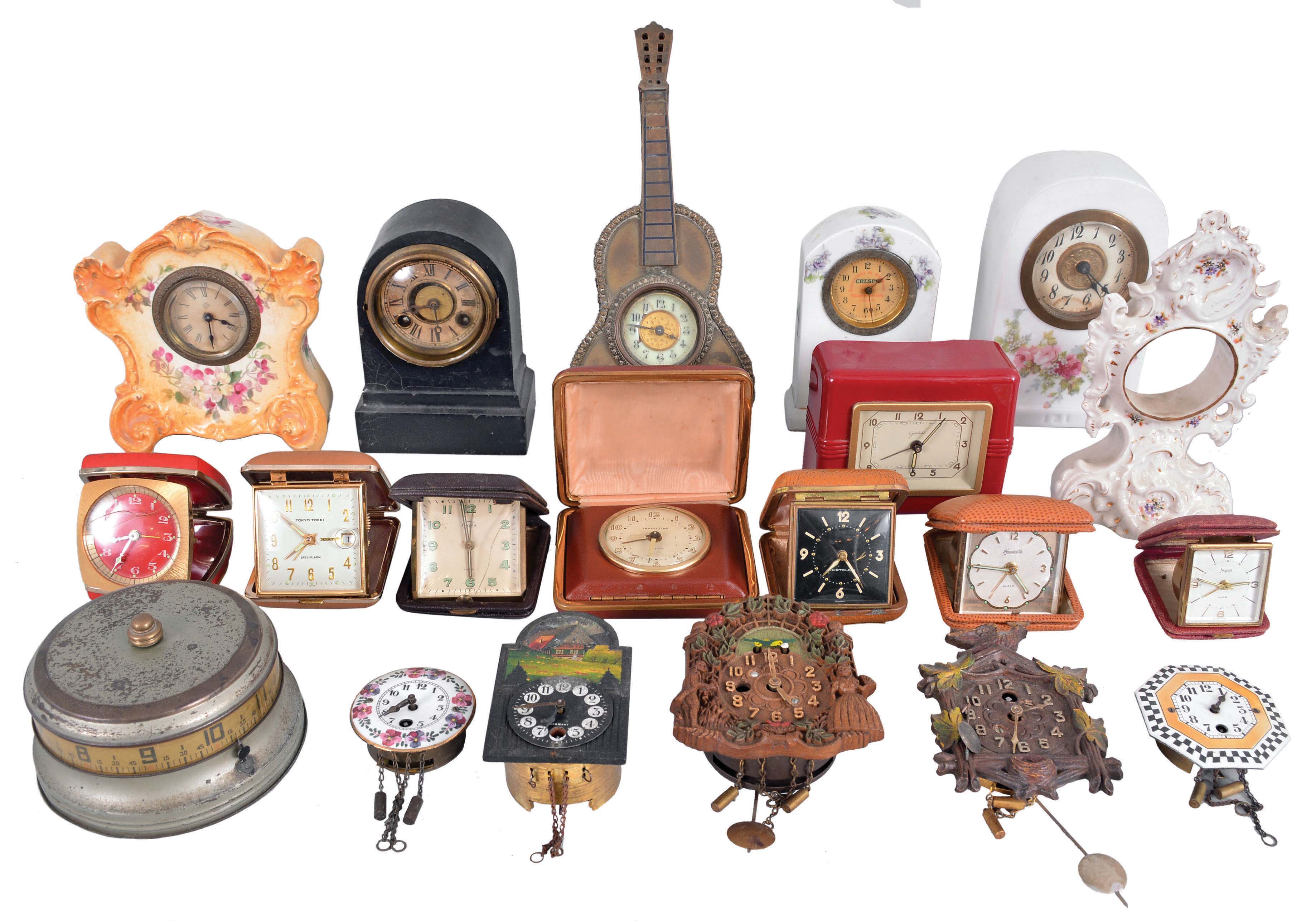 Clocks- 35 (Thirty-five) Small Clocks: large assortment including many antique and vintage travel clocks, alarm, and novelty clocks by makers such as Keebler, Sheffield United, Ansonia, Terry Clock Co., Lux, Westclox Ingraham, Movado, Bulova, Imhof, and others. — Antique Clocks Price Guide