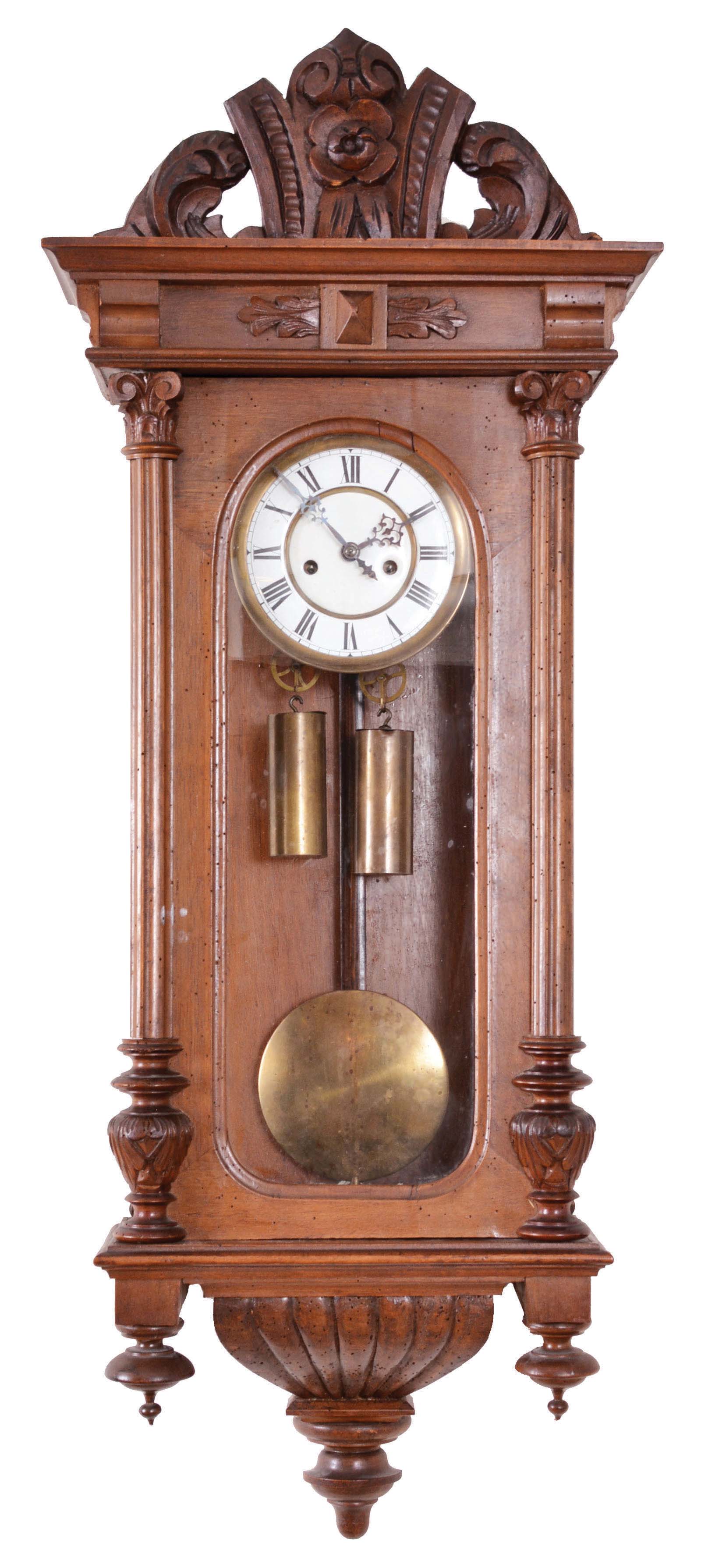 Clocks- 3 (Three) German Hanging Clocks: (1) Gustav Becker, Germany, two weight Vienna regulator, 8 day, time and strike movement in a walnut case, signed Medaille D'Or movement, serial number 318673; (2) Neuhaus & Becker, Elberfeld, Germany, RA clock, 8 day, time and strike movement in a walnut case; (3) Germany, box clock with crest, 8 day, time and strike steel plate movement in an walnut case. — Antique Clocks Price Guide