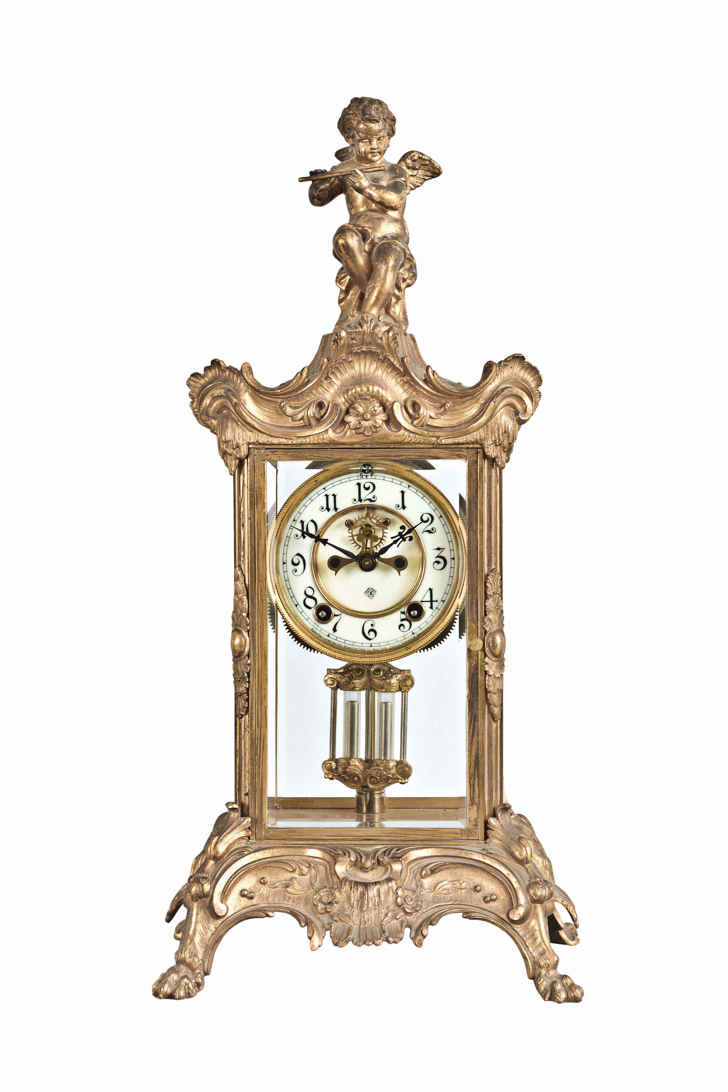Ansonia Clock Co., New York, "Eulogy", 8 day, time and strike, spring driven brass movement crystal regulator mantel clock. — Antique Clocks Price Guide