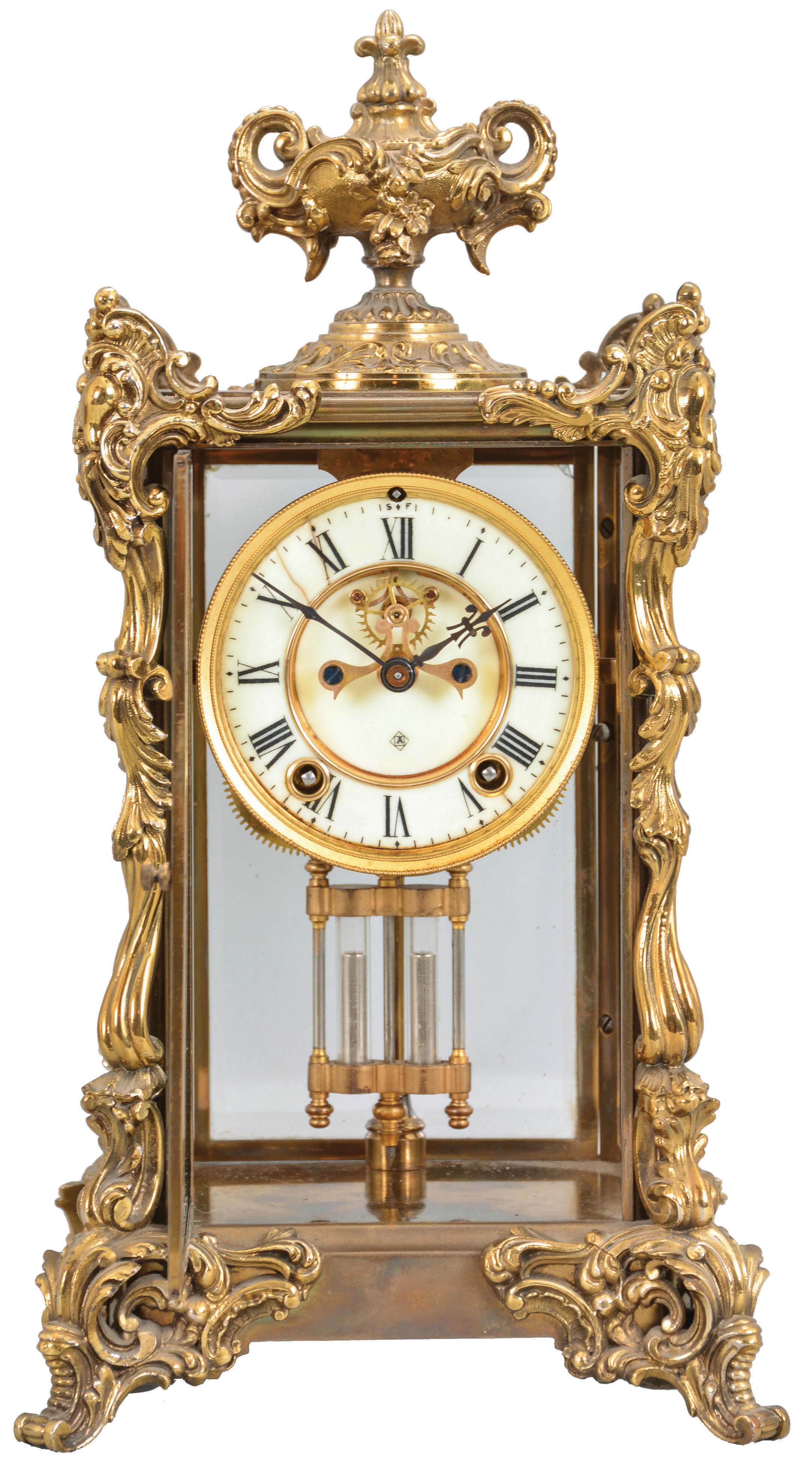 Ansonia Clock Co., New York, "Marchioness", 8 day, time and strike, spring brass movement crystal regulator mantel clock. — Antique Clocks Price Guide