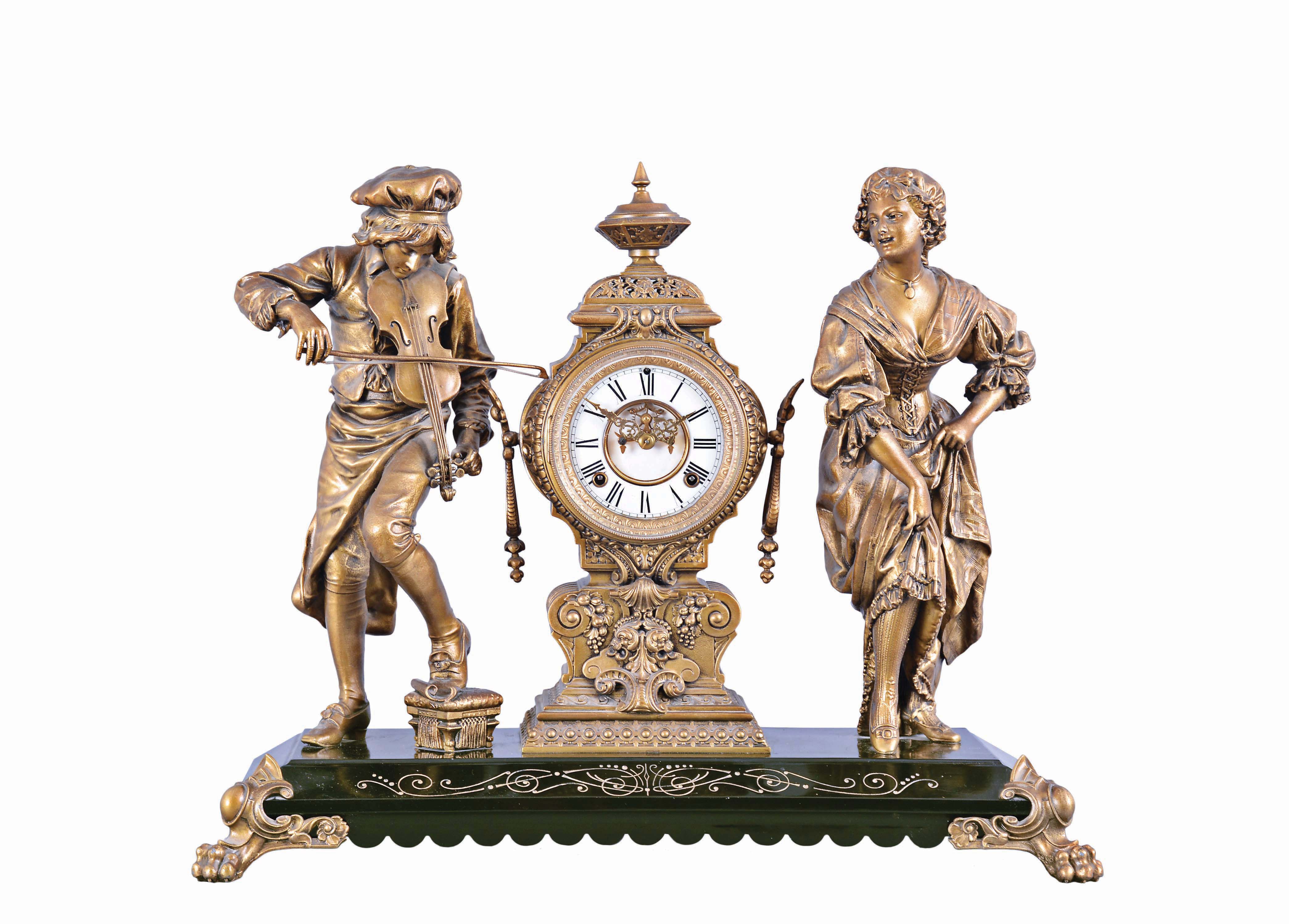 Ansonia Clock Co., New York, "Melody and Motion", 8 day, time and strike figural mantel clock. — Antique Clocks Price Guide