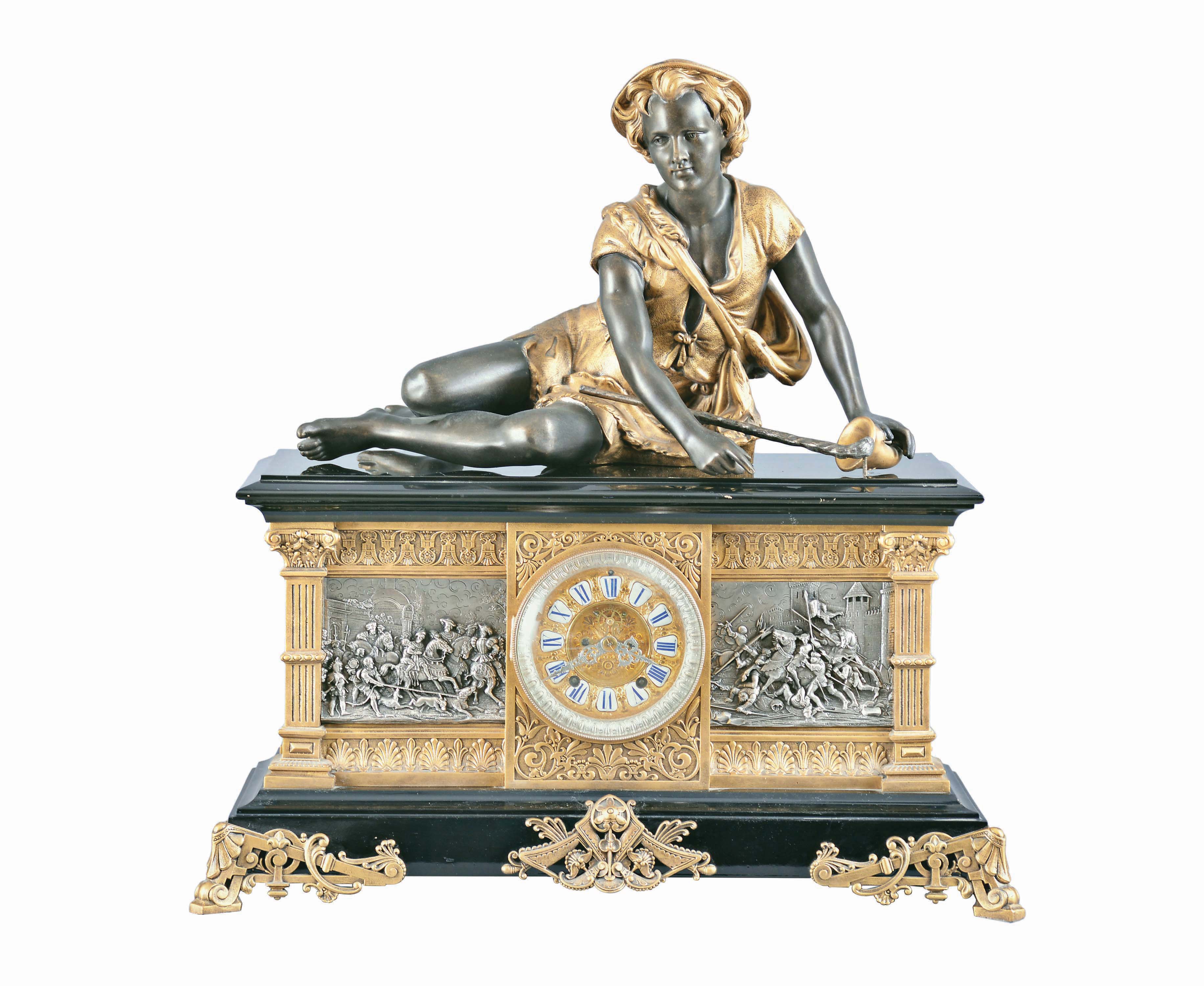 Ansonia Clock Co., New York, "Columbia with Shepherd Boy" 8 day, time and strike, spring driven brass movement mantel clock. — Antique Clocks Price Guide