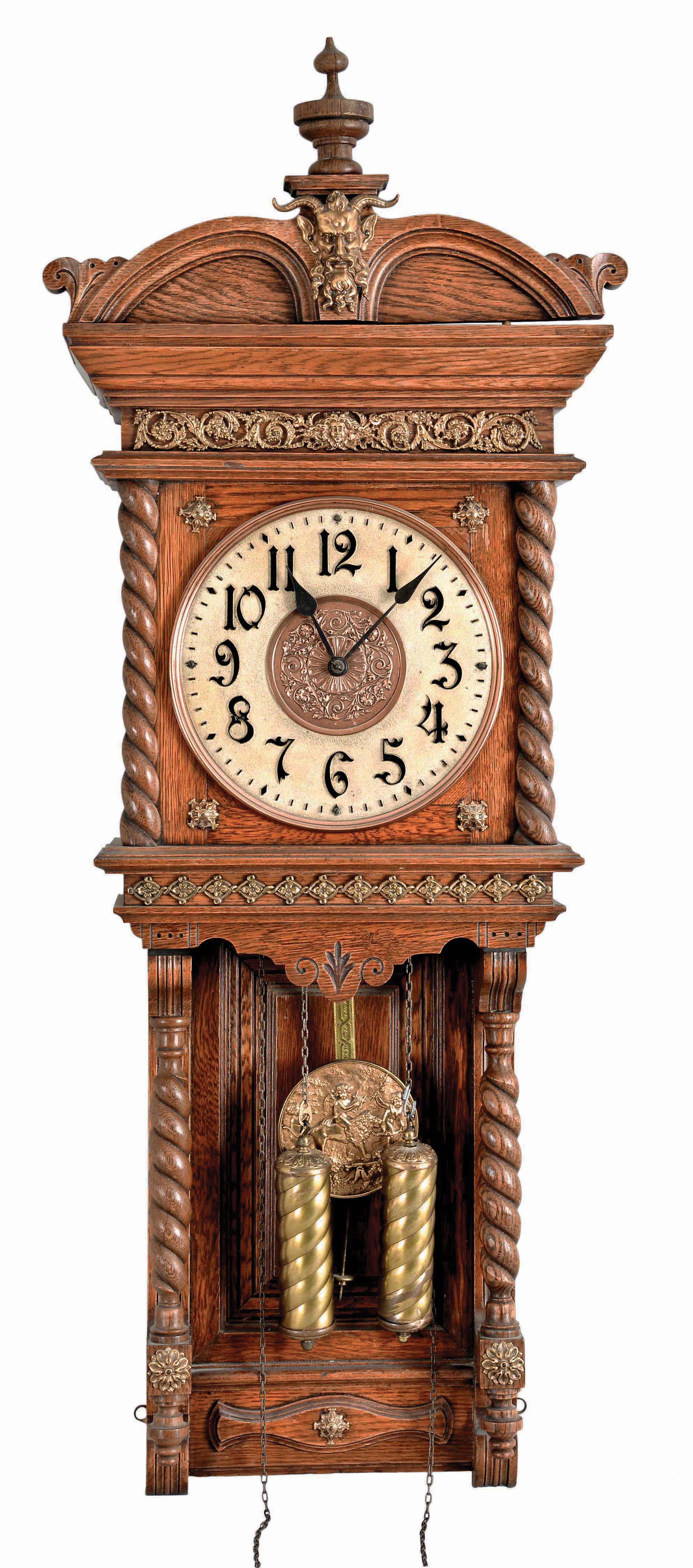 Ansonia Clock Co., New York, "Niobe", 8 day, time and strike, weight driven, brass movement wall clock. — Antique Clocks Price Guide