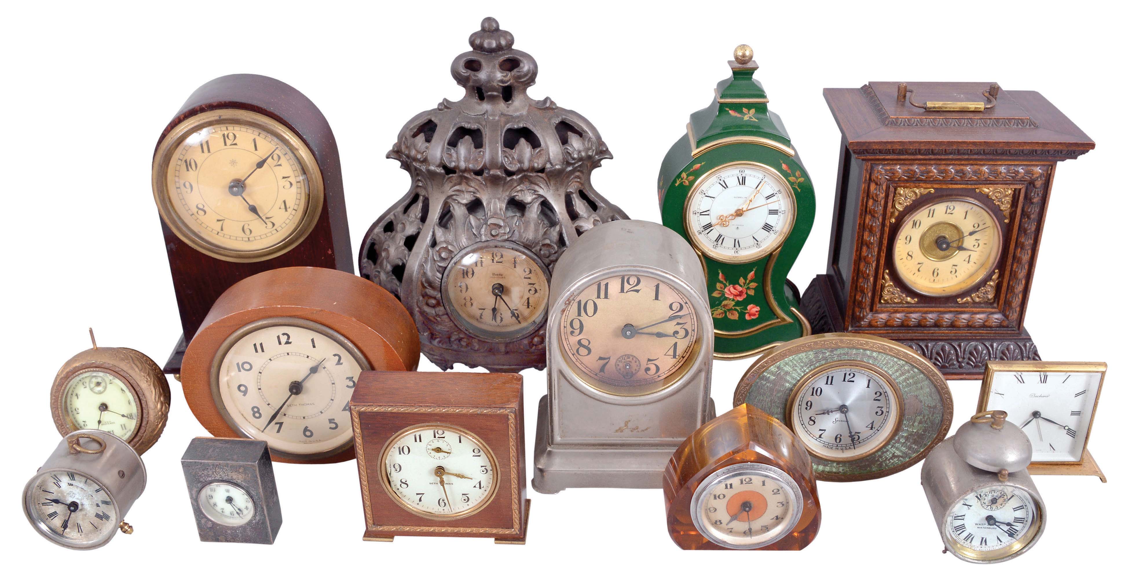 Clocks- 26 (Twenty-six) Desk and Novelty: many small clocks by makers including Westclox, Gubelin, Waterbury, Sprague & Co., Junghans, Seth Thomas, LeCoultre, Ansonia, Welch, Keebler, Imhof, Waltham, and others. — Antique Clocks Price Guide