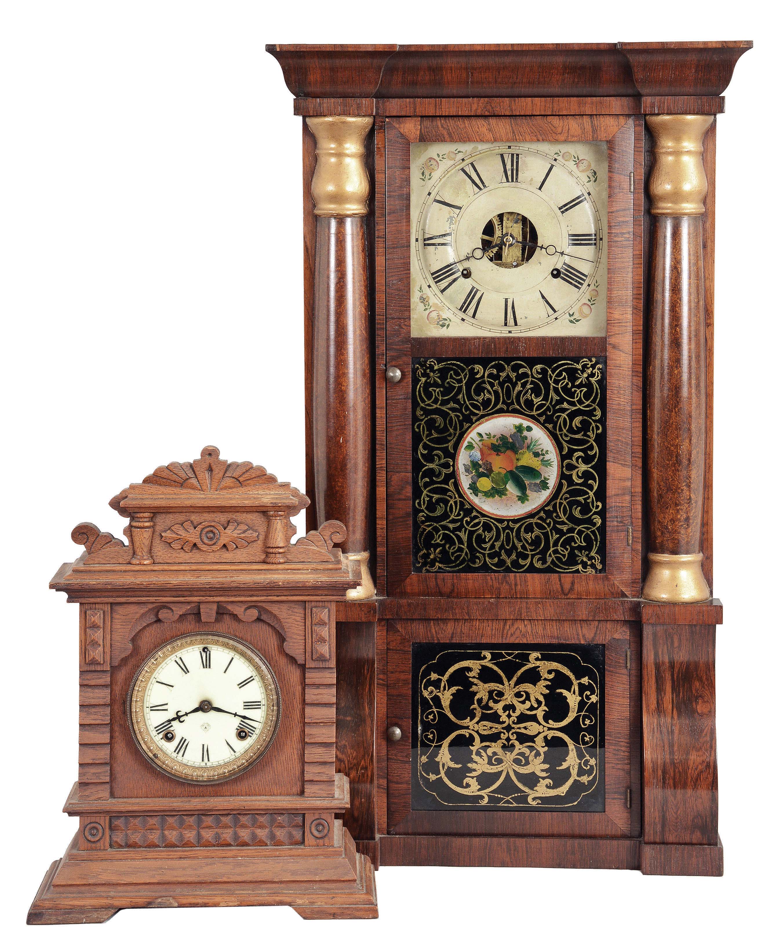 Clocks- 2 (Two): (1) Seth Thomas, Thomaston, Conn., 8 day, time and strike, weight column and cornice shelf clock, c1870 (2) Ansonia Clock Co., New York, "Syria", 8 day, time and strike, spring brass movement cabinet model mantel clock, c1894 — Antique Clocks Price Guide