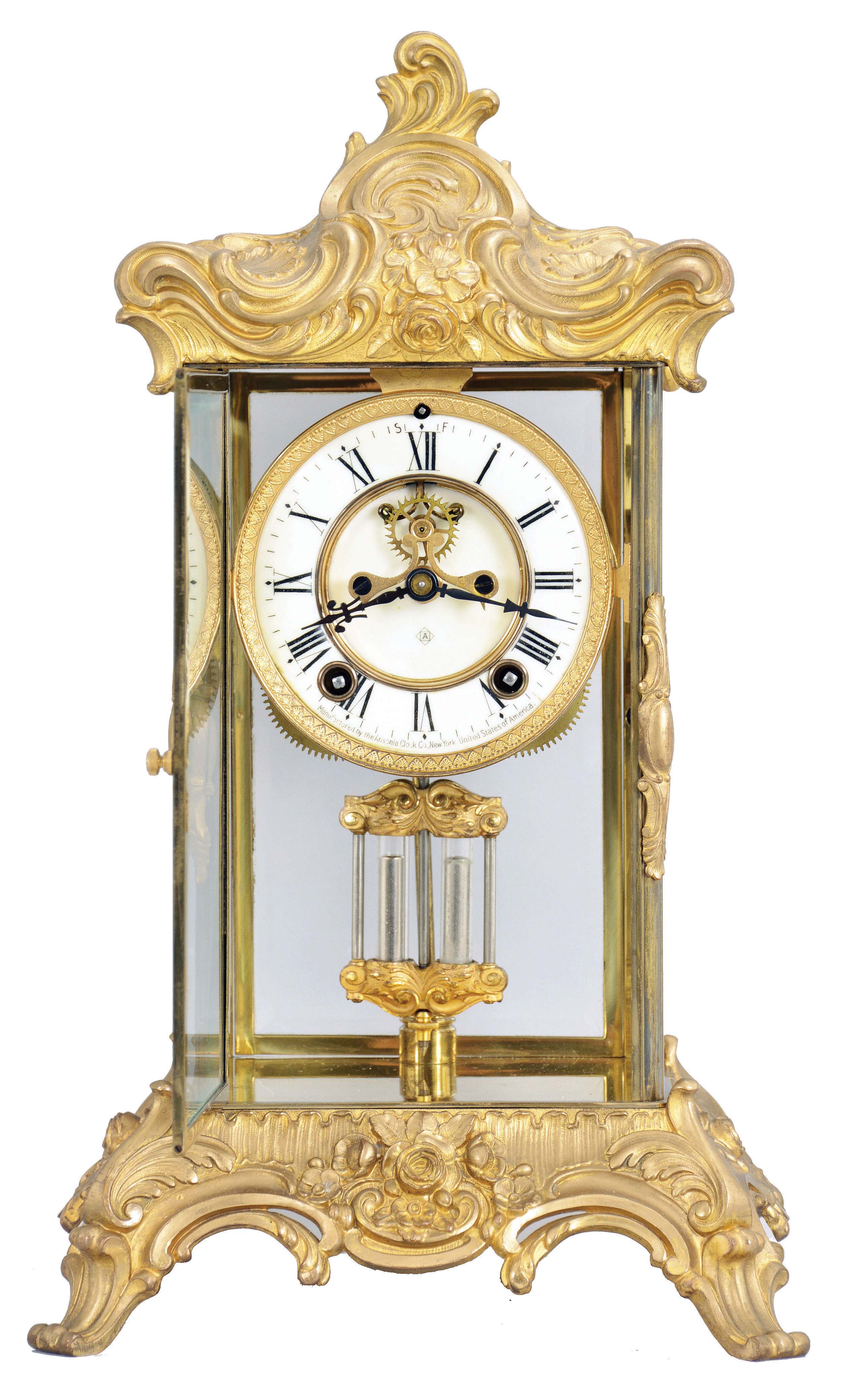 Ansonia Clock Co., New York, "Zenith", 8 day, time and strike, spring brass movement crystal regulator mantel clock with visible escapement. — Antique Clocks Price Guide