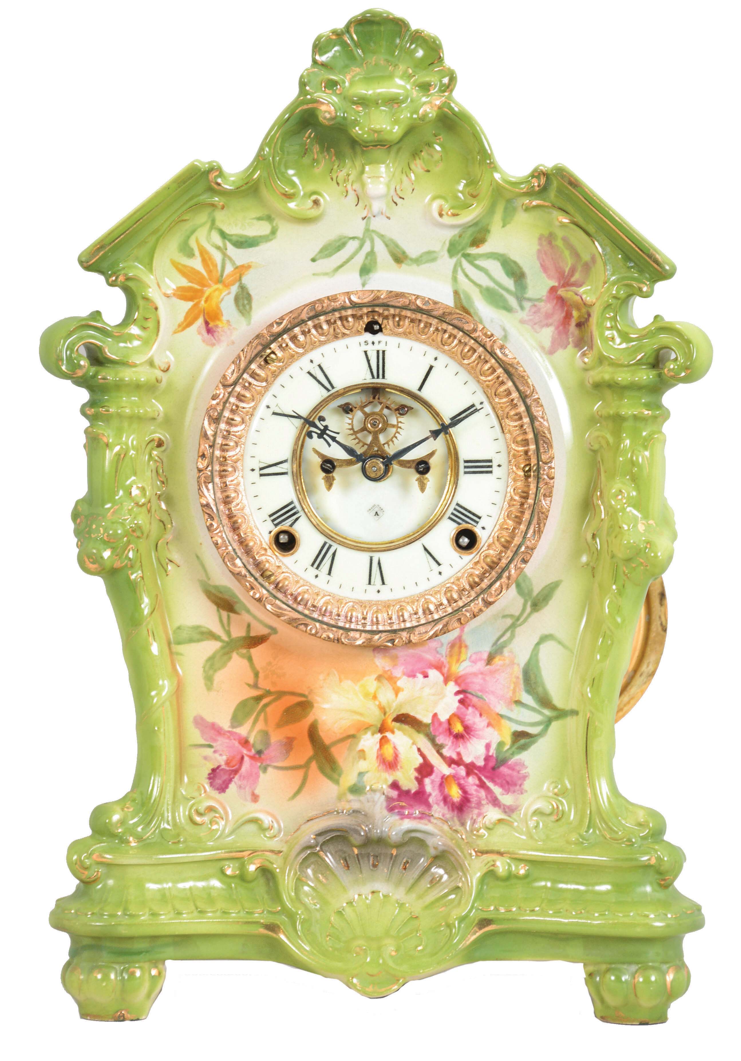 Ansonia Clock Co., New York, "La Tosca", 8 day, time and strike, spring brass movement porcelain mantel clock with visible escapement movement. — Antique Clocks Price Guide