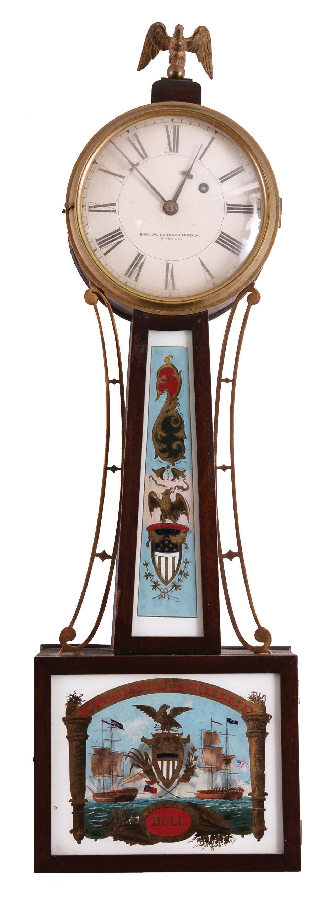 Derry Mfg. Co., Derry, NH, for Bigelow, Kennard & Co., Boston, Patent timepiece or banjo clock, 8 day, time only, weight-driven movement in a mahogany case with painted metal dial and reverse painted glass tablets depicting Hull's Victory in a naval battle of the War of 1812, c1910. — Antique Clocks Price Guide