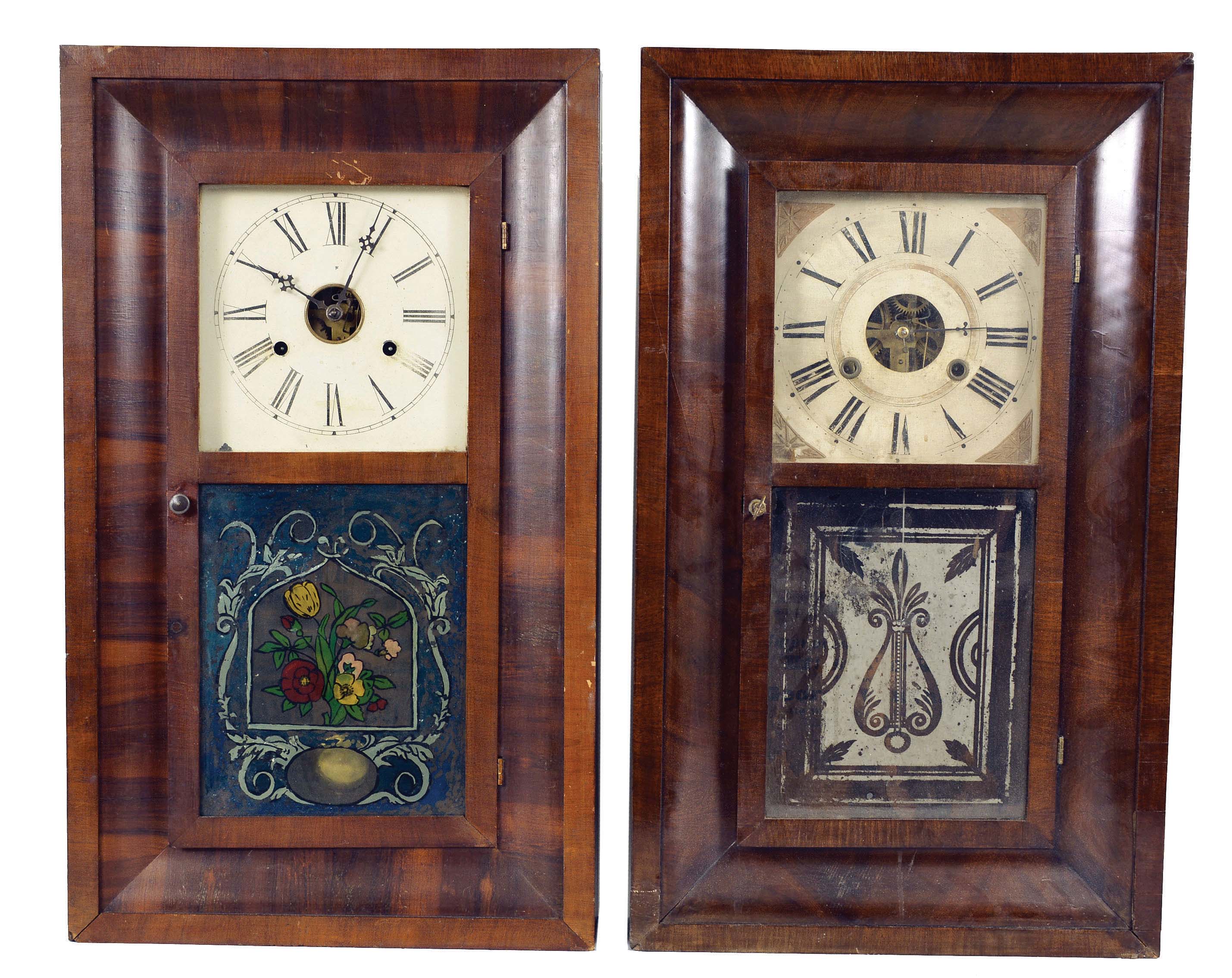 Clocks- 7 (Seven) Weight-driven American mantel: an assortment of four 30 hour ogees, one 8-day double door ogee and one 8-day double door OOG, and one 30-hour wooden movement in stenciled column & splat wooden case. Lot includes 5 pairs of 30 hour weights. Makers include New Haven, George Marsh, Waterbury, Jonathan Frost, E. N. Welch, George Vaughan, and William S. Johnson. — Antique Clocks Price Guide