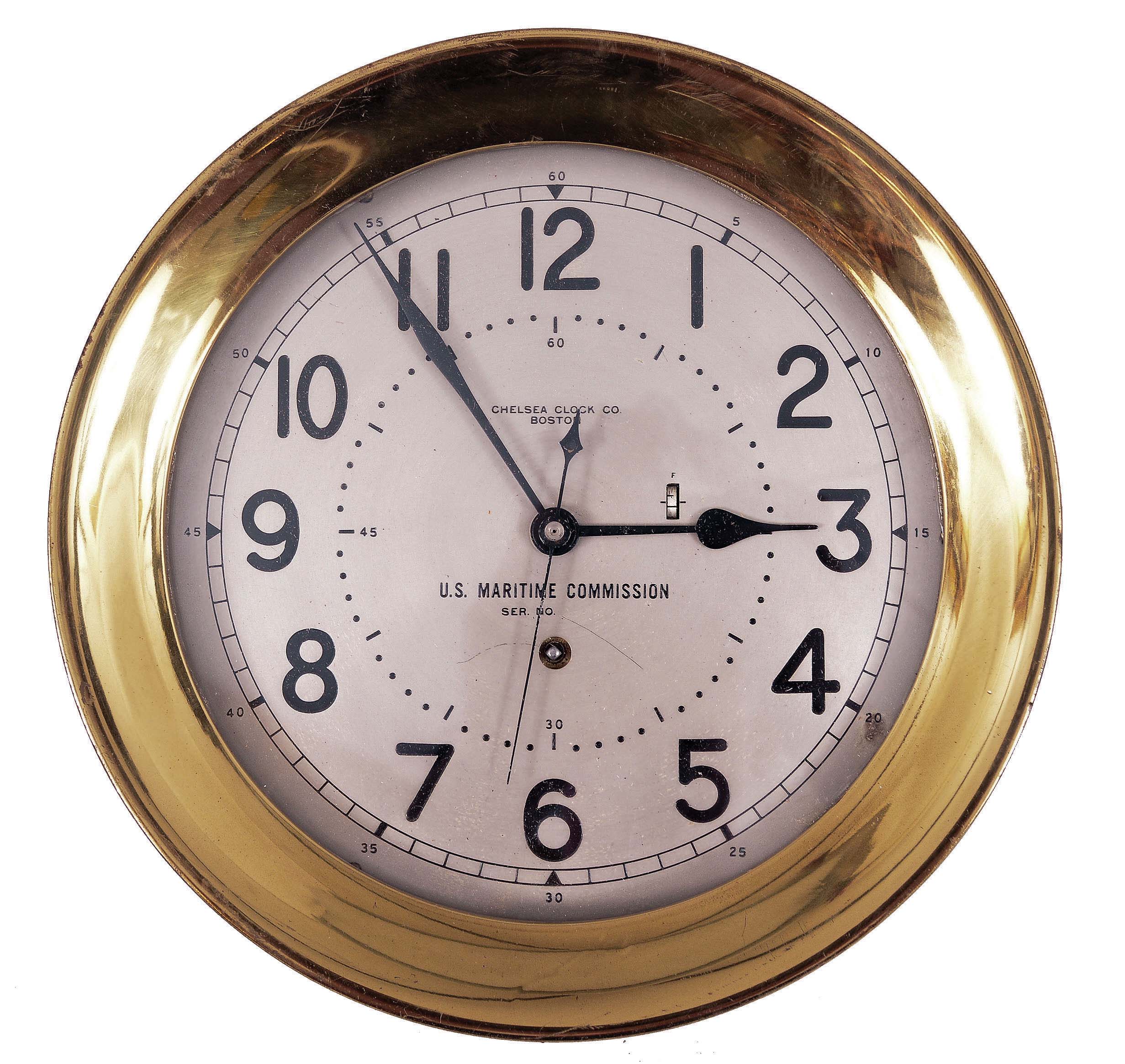 Chelsea Clock Co., Boston, for U.S. Maritime Commission, deck or engine room clock, 8 day, time only, spring-driven balance wheel movement in a brass case with screw-on bezel, 8.5 inch silvered dial and center seconds, movement serial number 339725. — Antique Clocks Price Guide