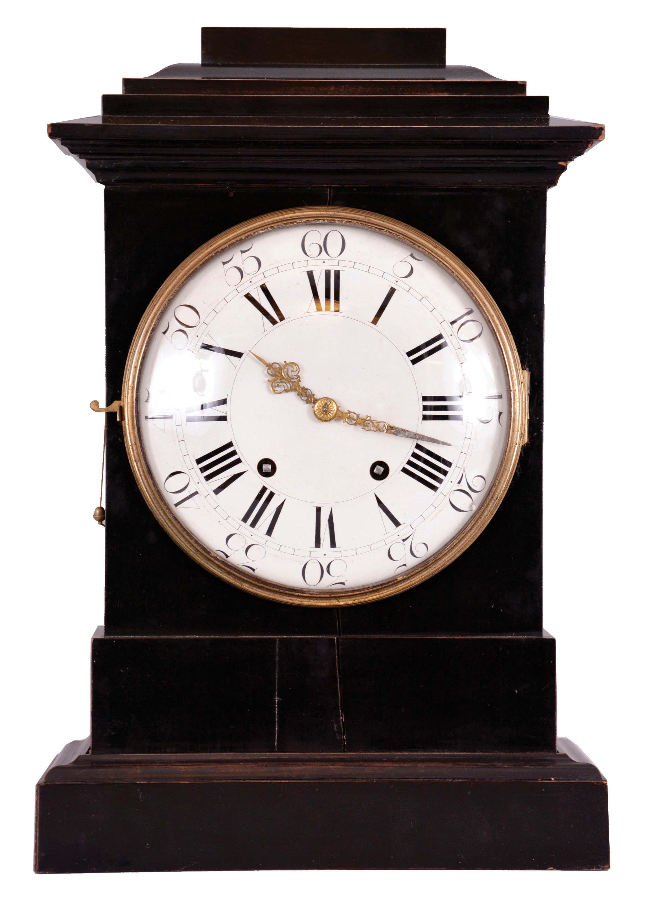 Switzerland, a large, ebonized, quarter striking and repeating bracket clock, stepped, molded base below a large, arabic and roman numeral enamel dial, molded cornice and stepped, molded top, pierced and engraved gilt hands, 8 day, two train movement with rectangular plates striking on two bells, and with verge escapement, silk thread suspension, and strike work mounted to the back plate — Antique Clocks Price Guide