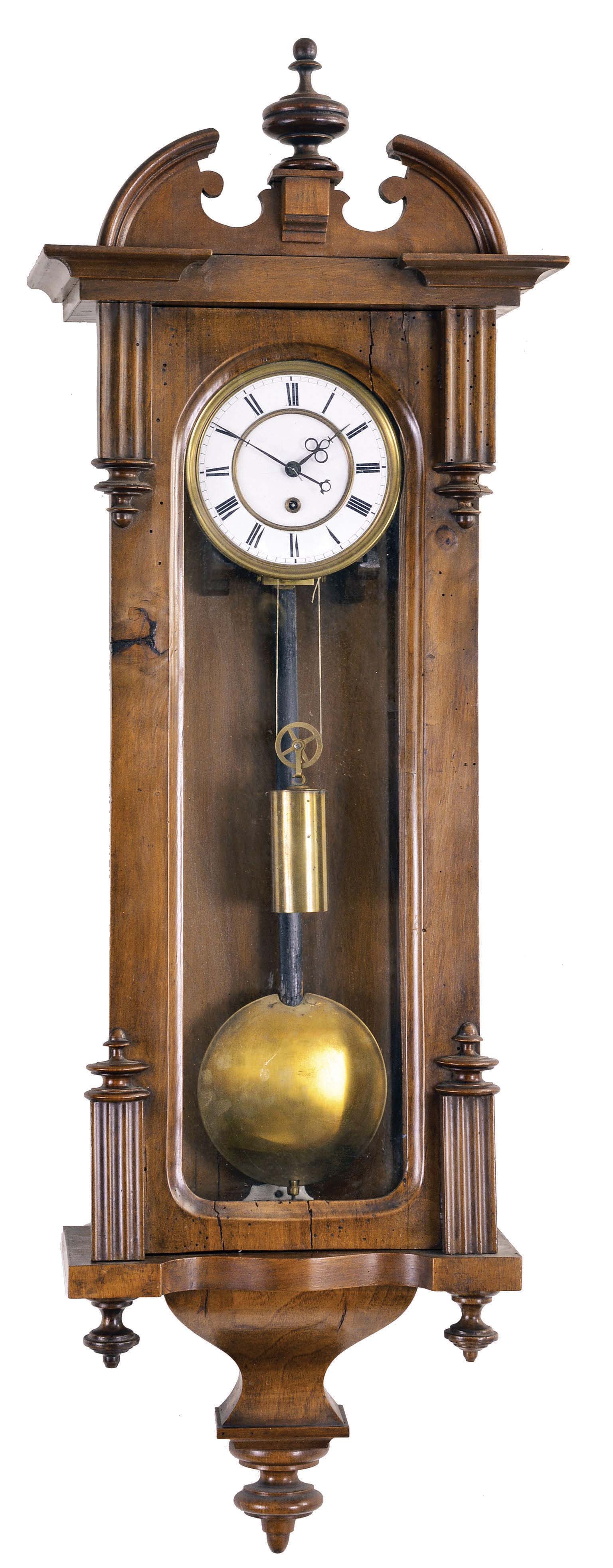 Germany, miniature Vienna style hanging regulator, 8 day, time only, weight driven movement in a softwood case with turned and fluted ornaments, brass clad pendulum and weight, white enamel dial with Roman numerals, and blued steel hands — Antique Clocks Price Guide