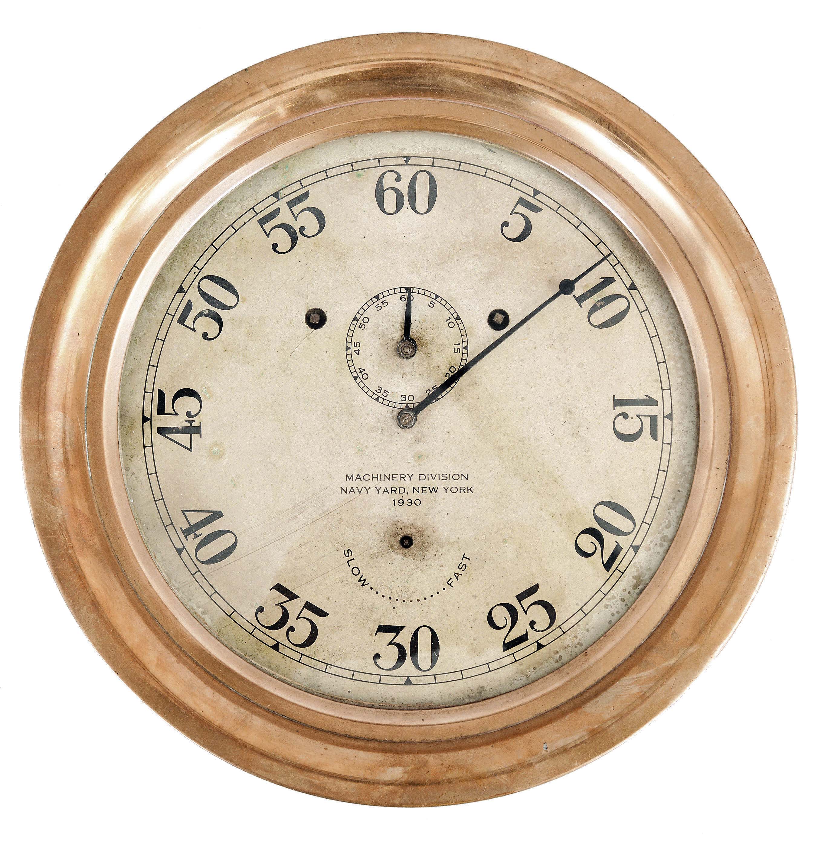 Time Sector Clock, Mk1, Model 1, an unusual, U.S. Navy hanging chronograph for timing intervals of up to one hour, with heavy, cast bronze ward room style case, the side with two pushers controlling start, stop, and return to zero functions, silvered Arabic numeral dial displaying seconds, with subsidiary, 60 minute register, and marked "Machinery Division Navy Yard, New York 1930", 8 day, Seth Thomas #10 timepiece movement, modified by the addition of friction fit heart cams on the center and seconds arbors, hammer for return to zero function, and bridge for regulator — Antique Clocks Price Guide