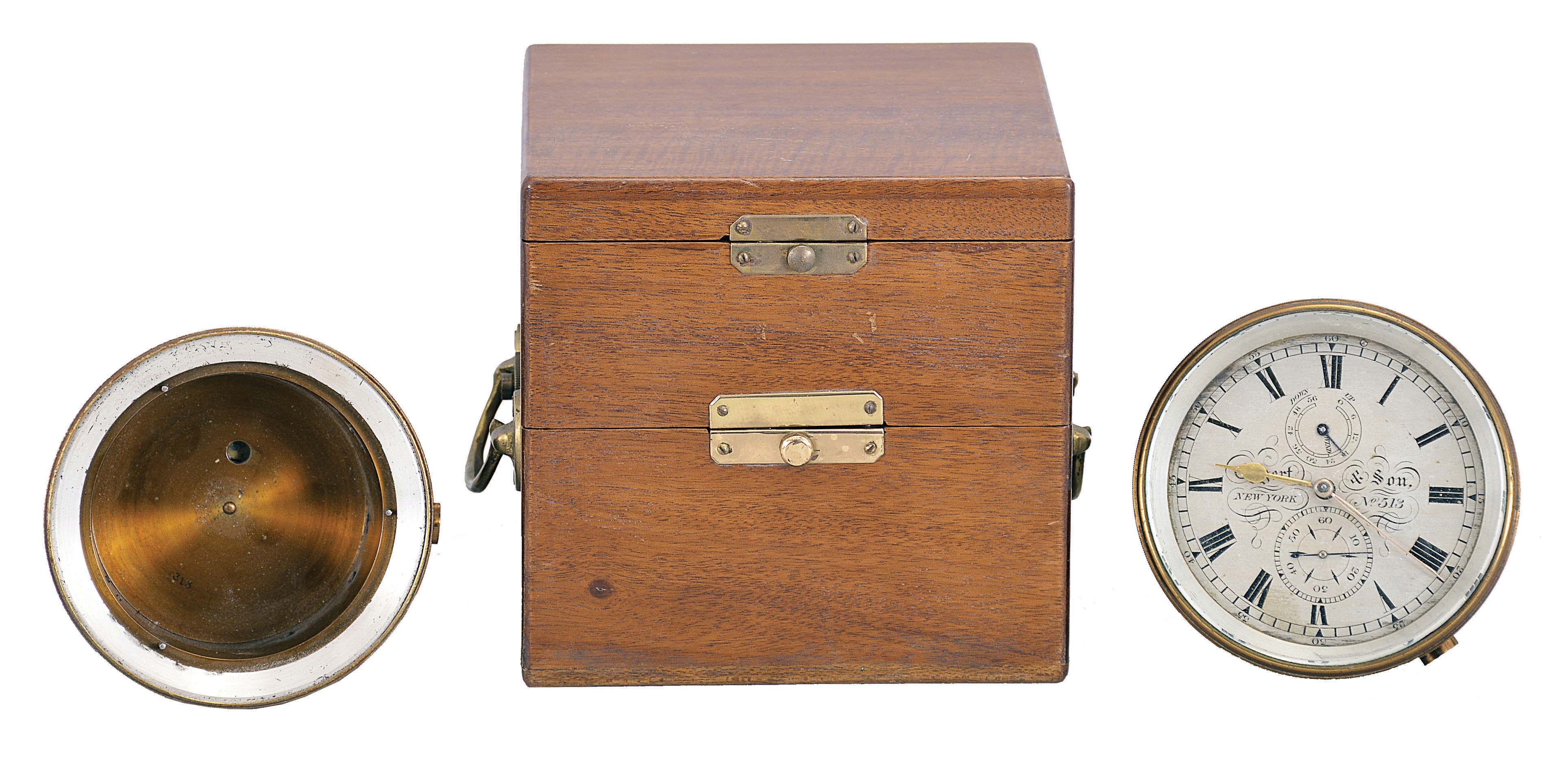 Eggert and Son, New York, a small two day marine chronometer, 10 jewel spotted movement, with bimetallic balance, helical balance spring, and adjustable gallows type stud, with inner, shock mounted dust cover in the manner of Parkinson & Frodsham, roman numeral silvered dial, gold spade and poker hands, contained in a lacquered brass bowl, together with a 19th century chronometer bowl, and another gimballed bowl with later, purpose made mahogany box — Antique Clocks Price Guide