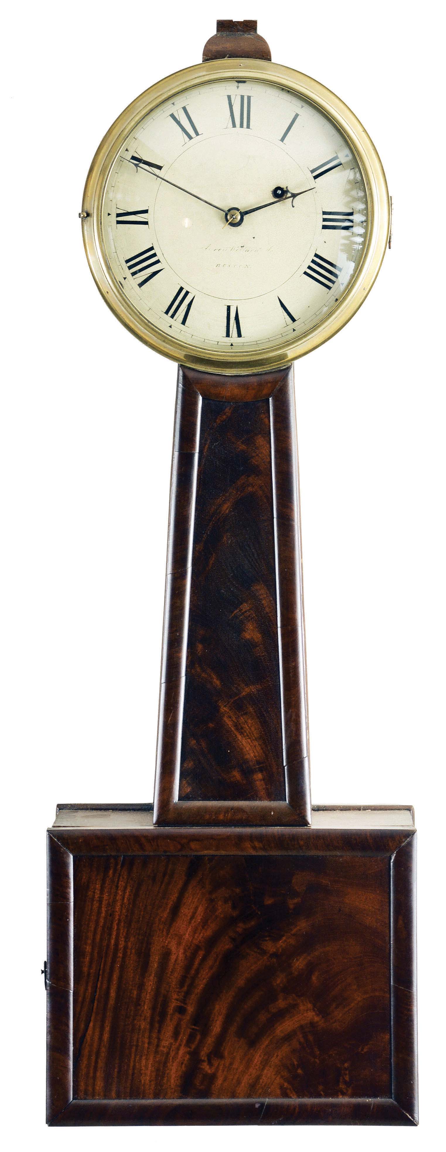 Aaron Willard Jr., Boston, Mass., 8 day, weight driven, brass movement mahogany front patent or banjo timepiece. — Antique Clocks Price Guide
