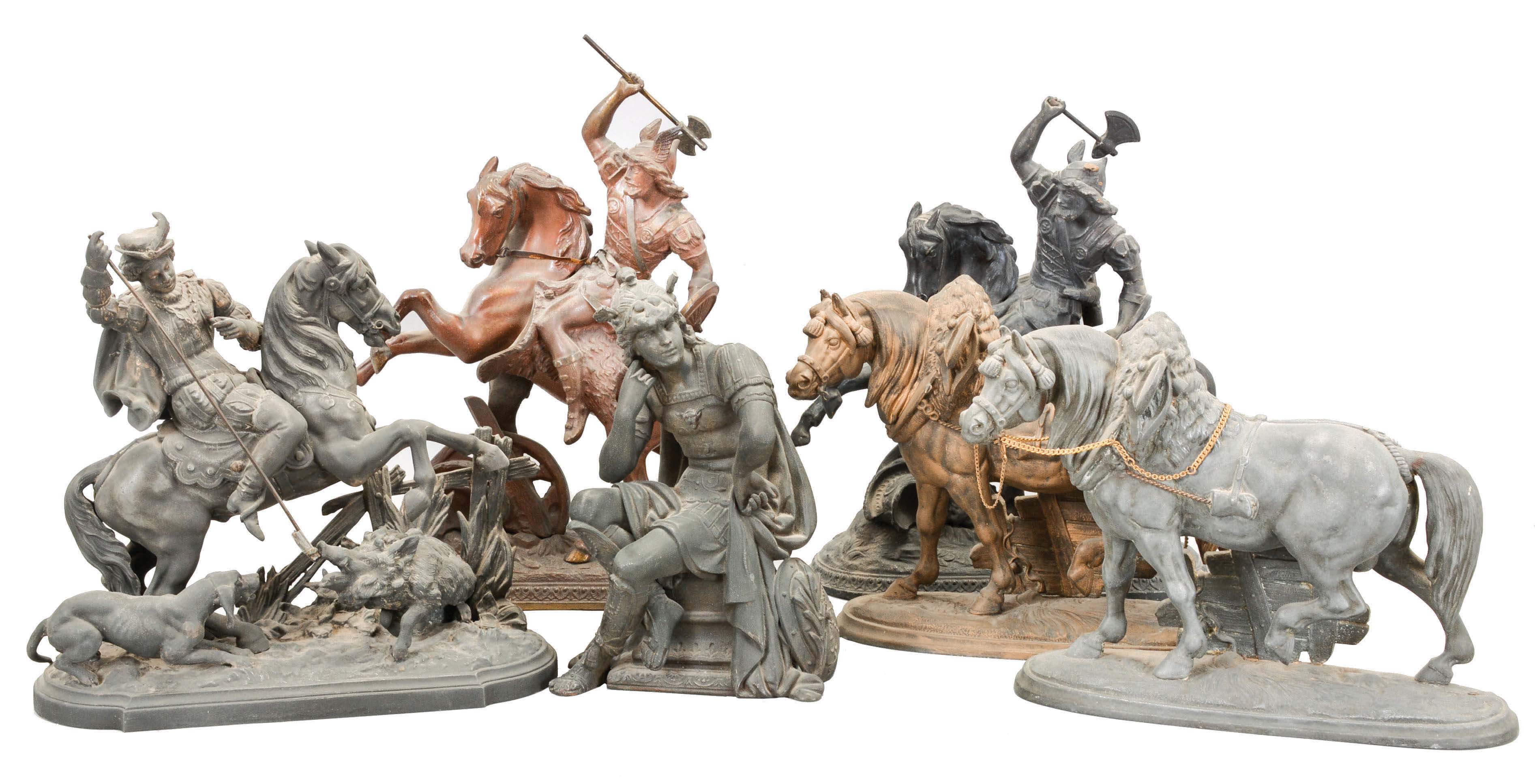 Statues- 6 (Six): (1) Ansonia Clock Co., New York, "Norman Horse" clock statue. (2) Ansonia Clock Co., New York, "Norman Horse" clock statue. (3) Ansonia Clock Co., New York, "Boar Hunter" clock statue. (4) Ansonia Clock Co. New York, "Dagobert" clock statue. (5) Ansonia Clock Co., New York, "Mercury". clock statue. (6) Ansonia Clock Co., New York, "Dagobert", clock statue. — Antique Clocks Price Guide