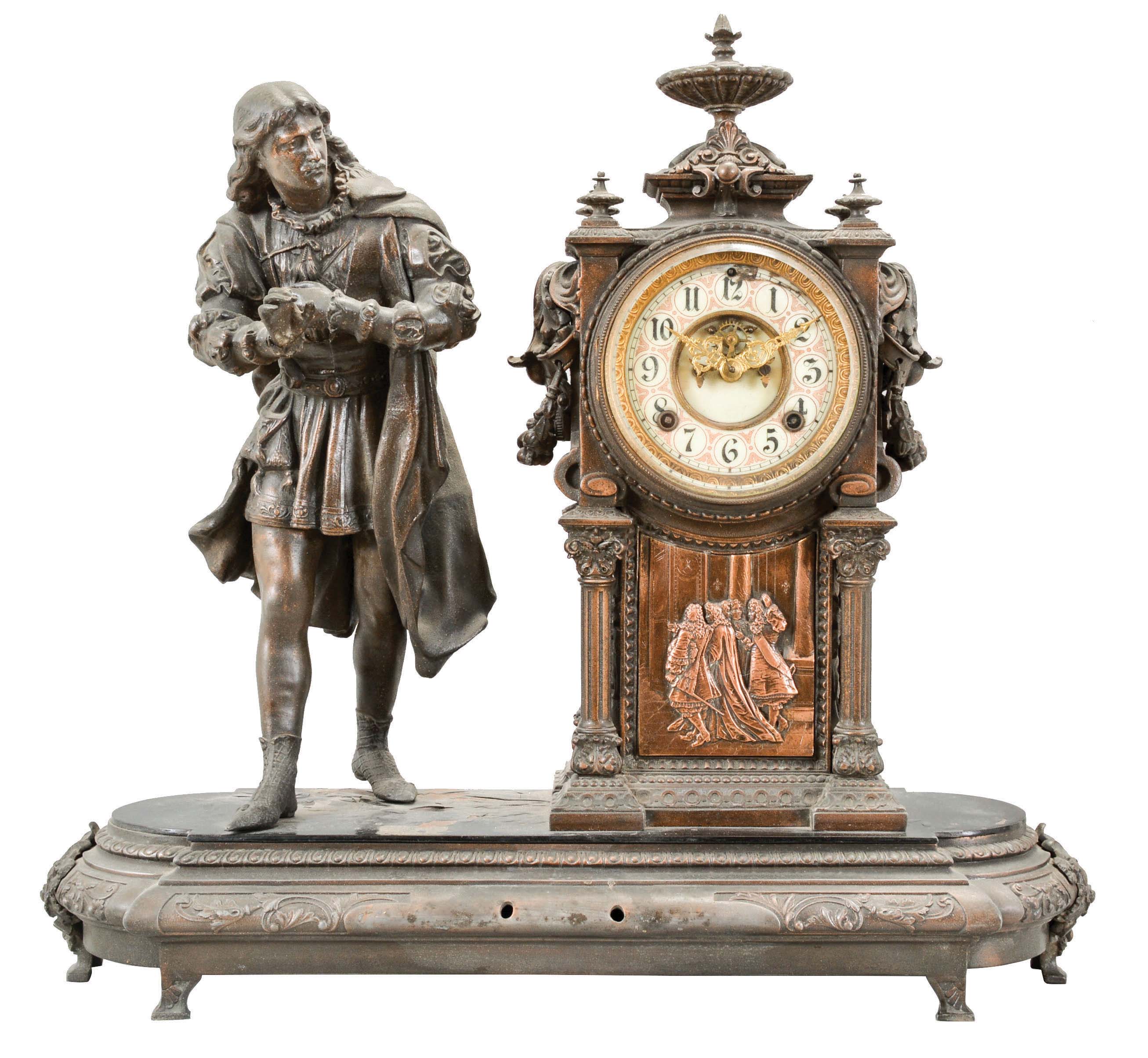 Ansonia Clock Co., New York, "Faust" figure shelf clock with a spring driven, 8 day, time and half hour strike movement with visible escapement in an enameled iron base with one Japanese bronze spelter statue. — Antique Clocks Price Guide