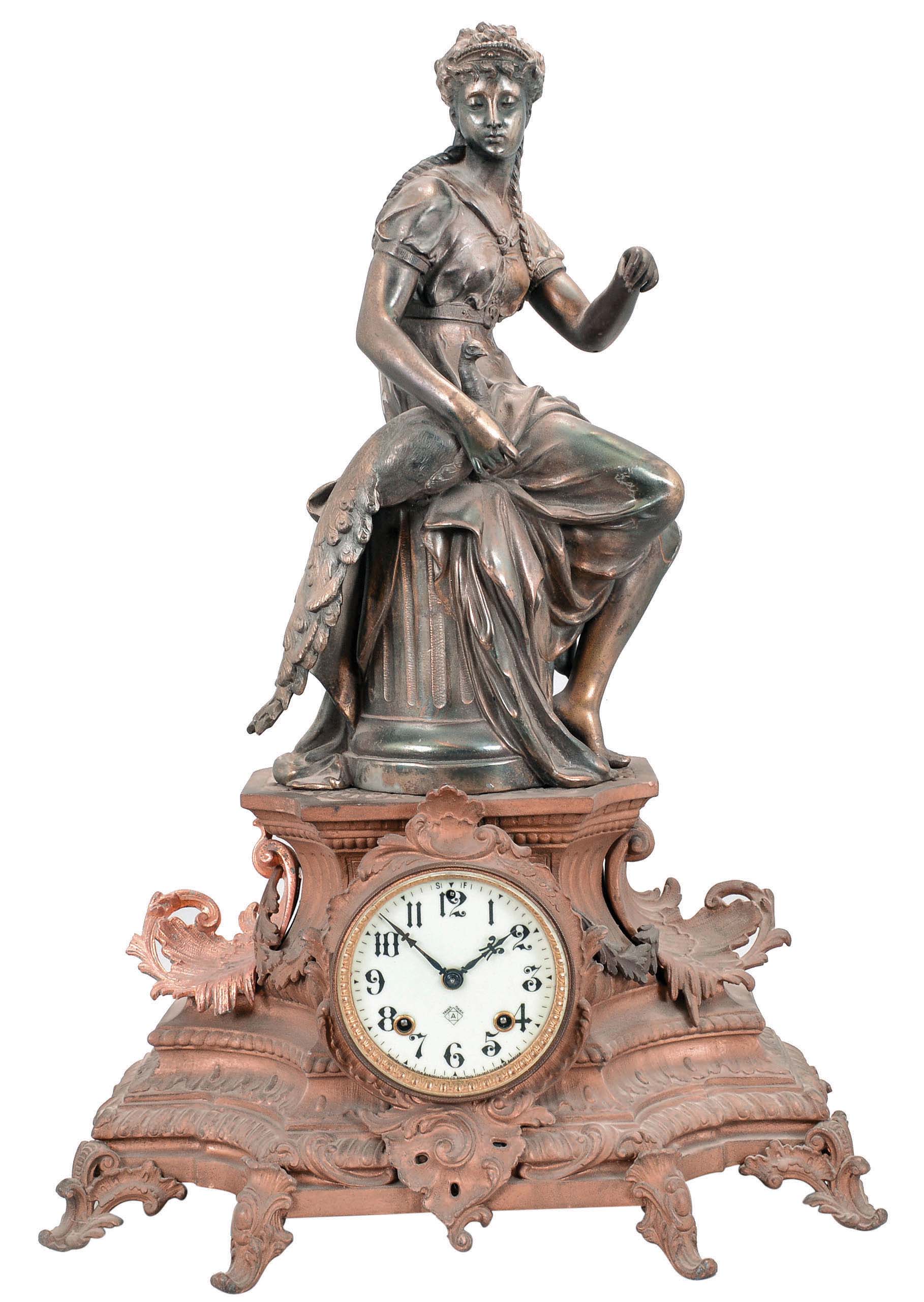 Ansonia Clock Co., New York, "Undine" base "Circe" figure, 8 day, time and strike, spring brass movement figural clock — Antique Clocks Price Guide