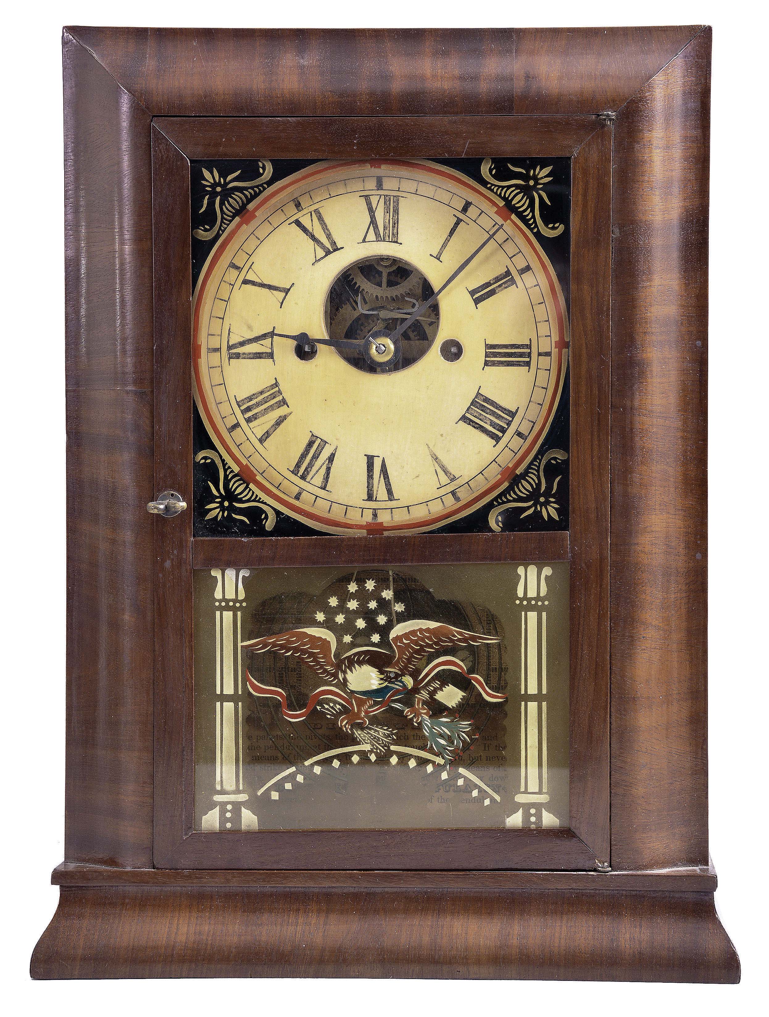 Silas B. Terry, Terryville, Conn., diminutive shelf clock, 30 hour, time and strike, spring driven movement in a reverse ogee mahogany veneer case with a painted wooden dial and reverse painted dial surround and stenciled William B. Fenn lower tablet — Antique Clocks Price Guide