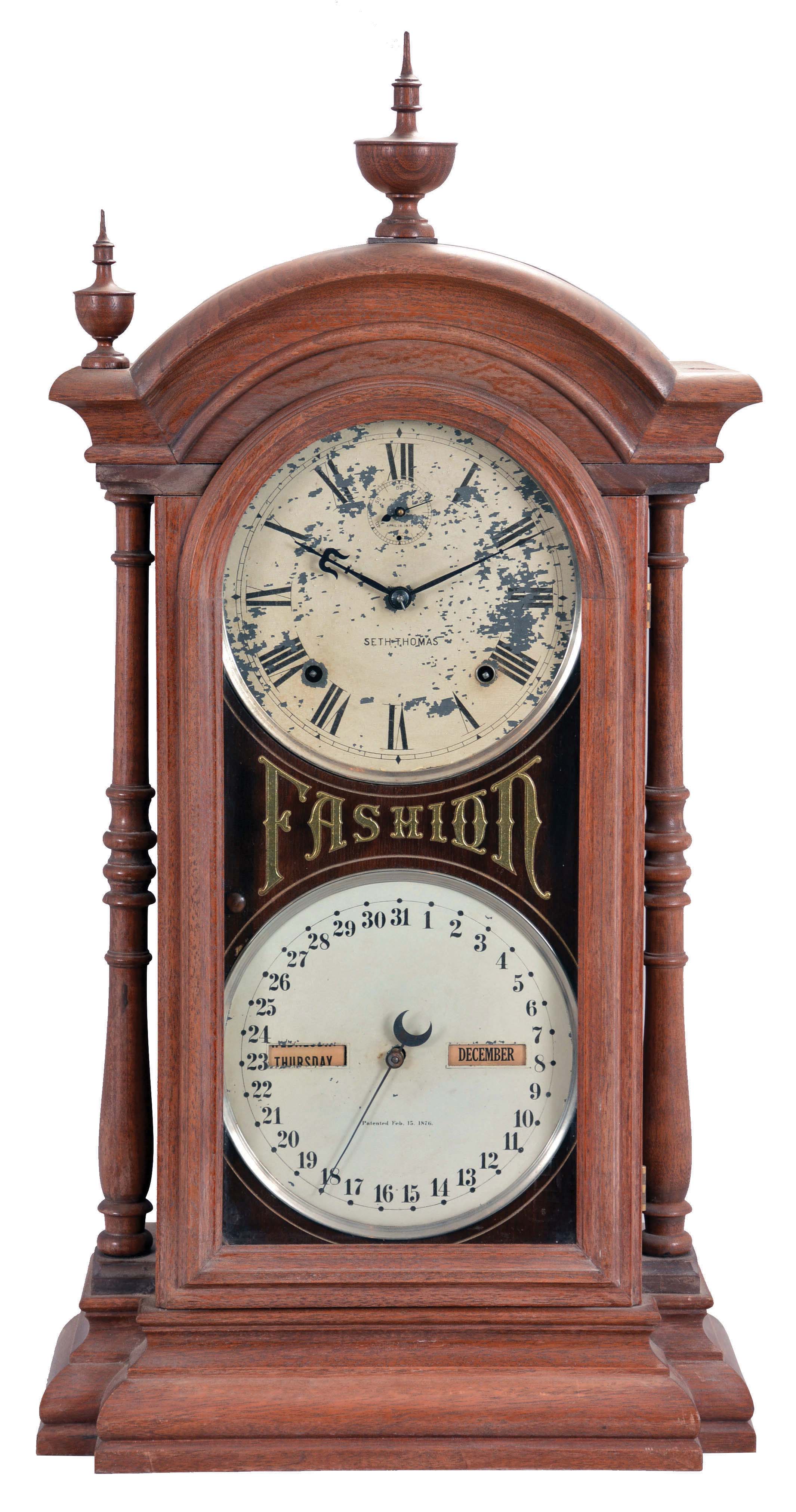 Southern Calendar Clock Co., St. Louis, Mo., "Fashion No. 5" double dial shelf clock with a Seth Thomas spring driven, 8 day, time and strike movement and an 1876 R. T. Andrews patented perpetual calendar mechanism in a walnut case. — Antique Clocks Price Guide