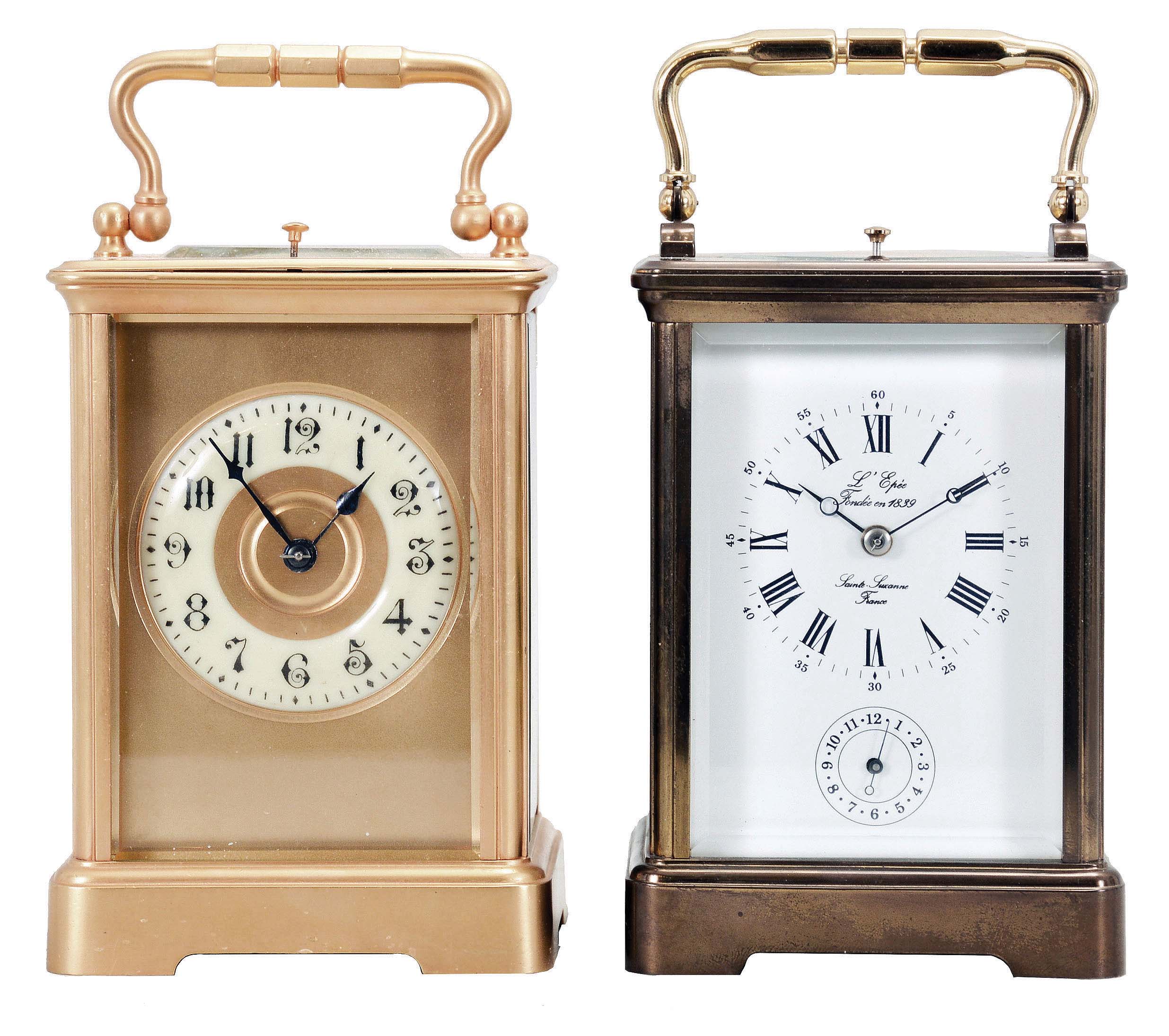 Carriage clocks- 2 (Two), both French, the first with glazed, gilt Corniche case marked "Tiffany & Co.", Arabic numeral white enamel dial with gilt mask and center, blued steel hands, two train movement with cylinder platform, striking the hours and half hour in passing, and repeating the last hour on demand, c1910, the other signed L'Epee, glazed Corniche case, polychrome enamel side panels, one with a young woman in a landscape, the other with nude female bathers, roman numeral white enamel dial, blued steel Breguet style hands, two train movement with lever platform, striking the hours and half hour in passing, and repeating the last hour on demand, c1980 — Antique Clocks Price Guide