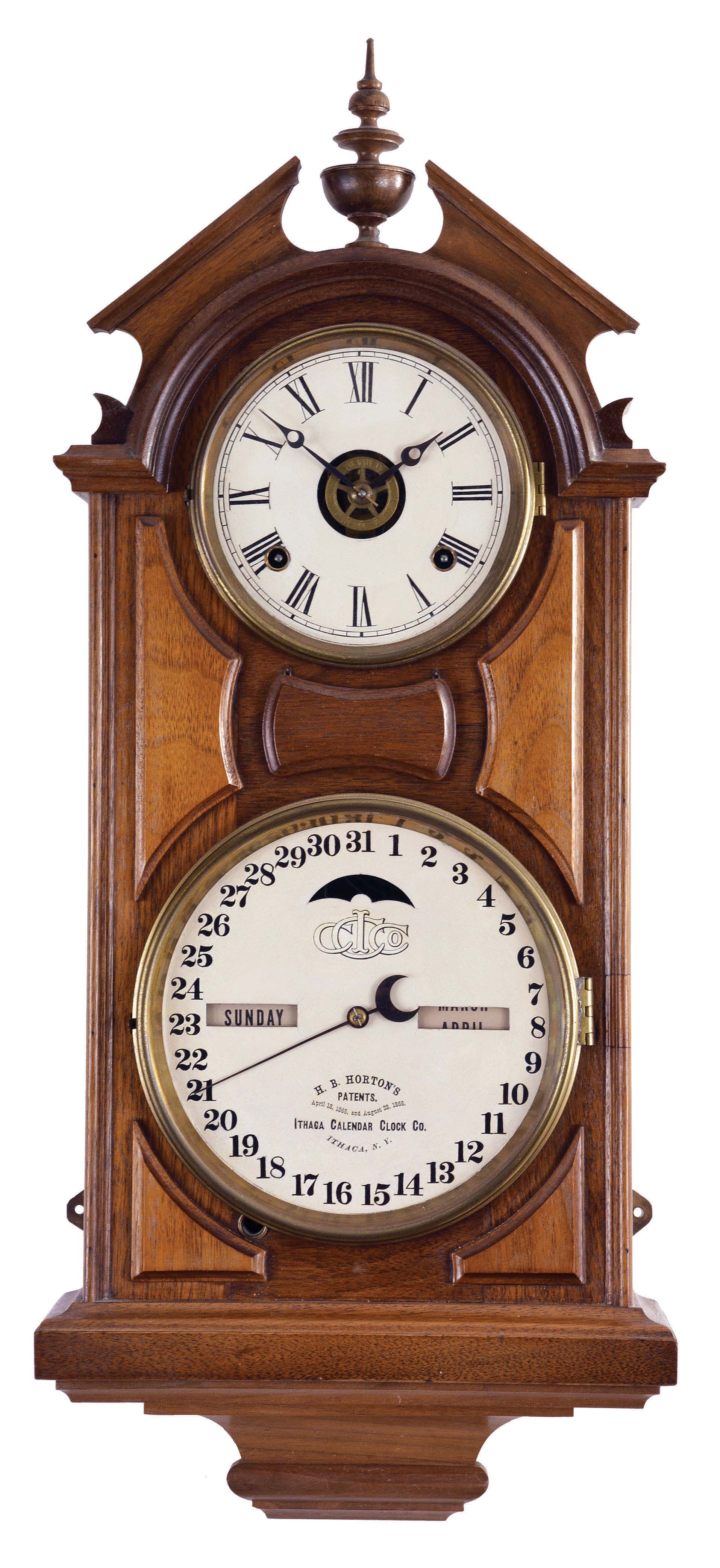 Ithaca Calendar Clock Co., Ithaca, New York, "No. 6, Hanging Library", 8 day, time and strike, spring brass movement double dial calendar clock. — Antique Clocks Price Guide