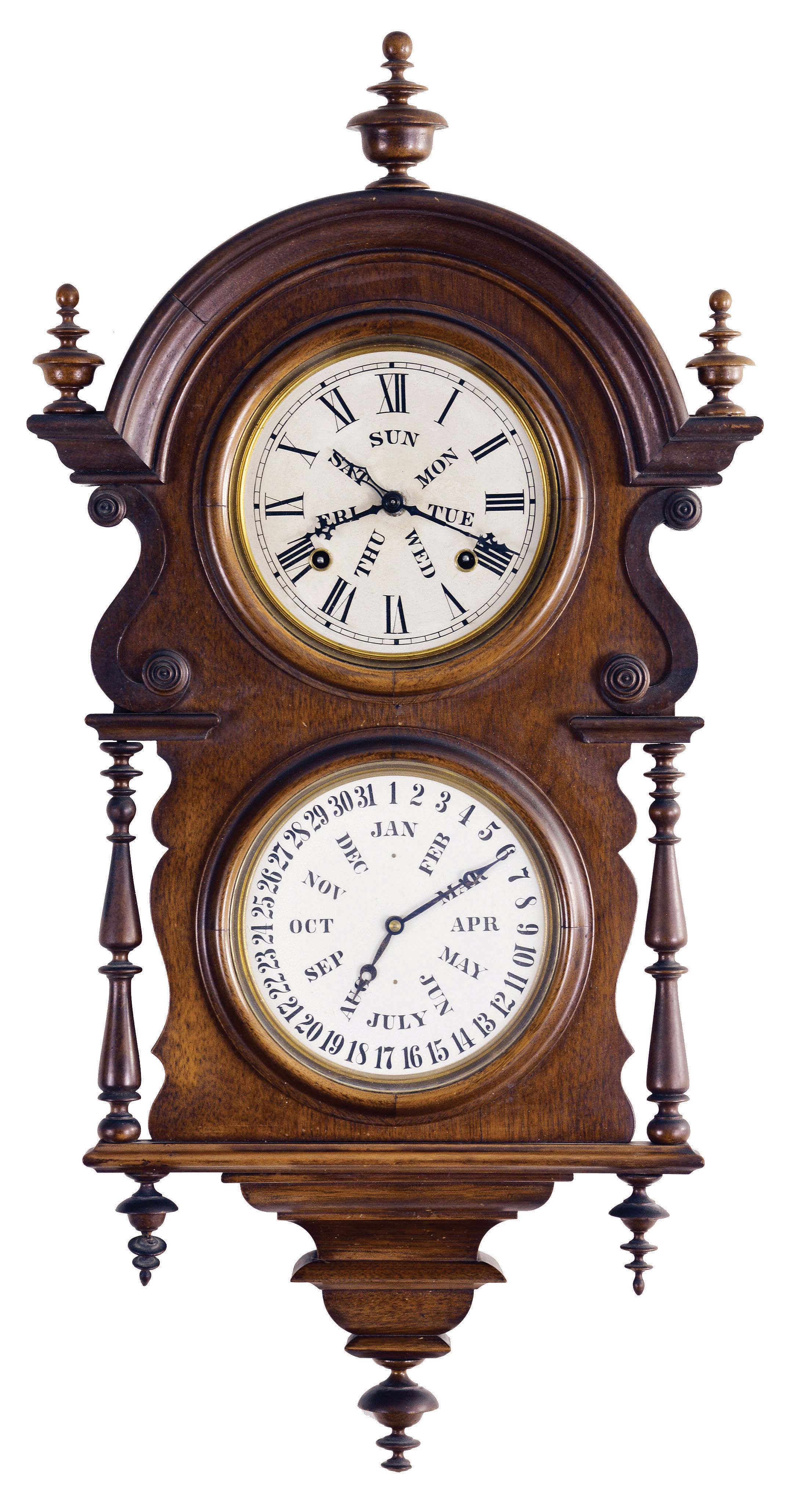 Welch, Spring & Co., Bristol, Conn., "Wagner, B.W. Hanging", 8 day, time and strike, spring driven brass movement double dial with B. B. Lewis calendar — Antique Clocks Price Guide