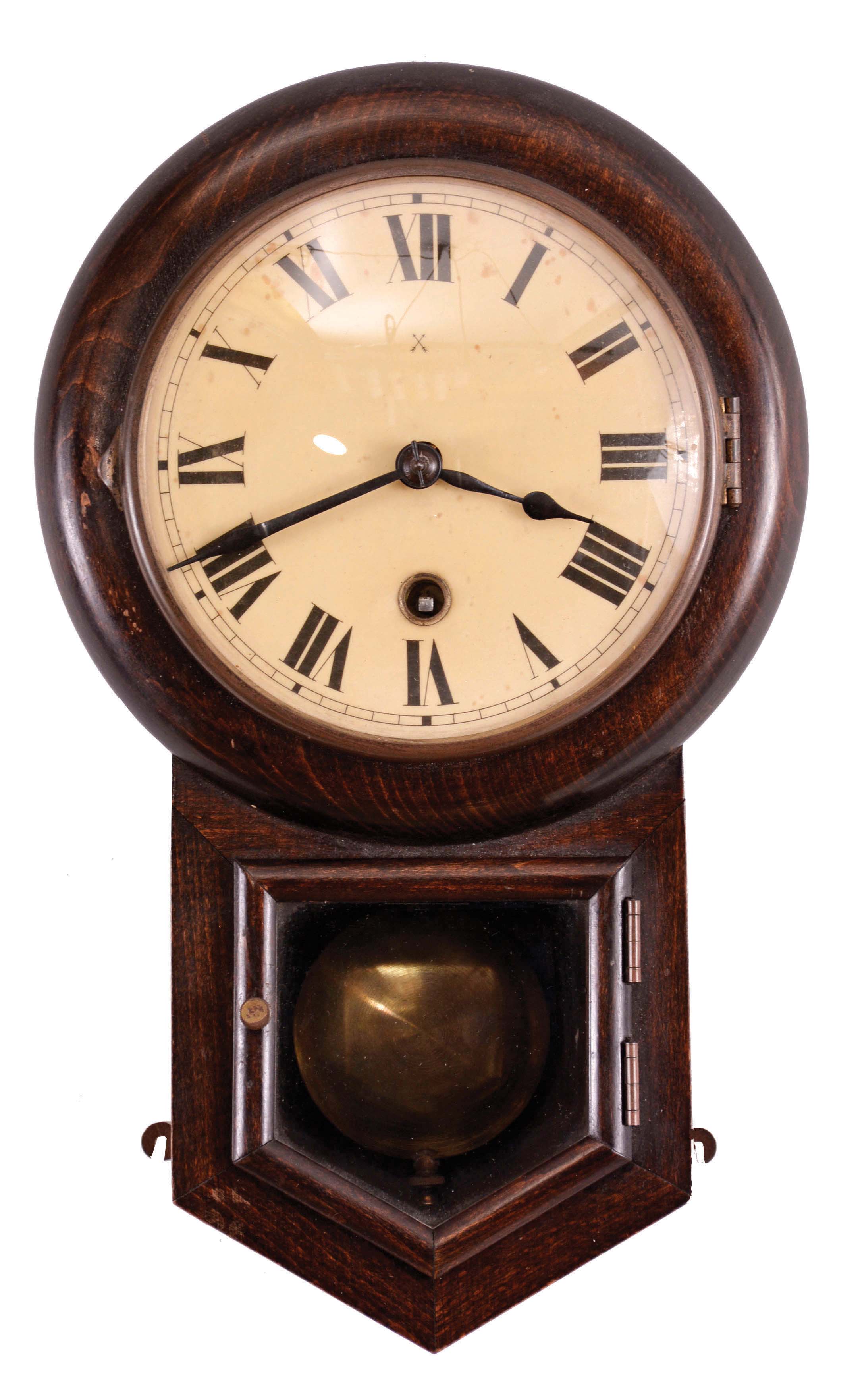 Clocks- 3 (Three): (1) Hamburg American Clock Co., miniature wall hanging clock with a spring driven, 8 day, timepiece movement in a dark wood case, c1910. (2) New Haven Clock Co., New Haven, Conn., "Wilson" banjo clock with a spring driven, 30 day double wind timepiece movement in a solid mahogany case, c1920. (3) Vienna Regulator with the movement stamped "Remember" with a 3 weight driven time, hour and quarter hour strike in a walnut case, c1890. — Antique Clocks Price Guide