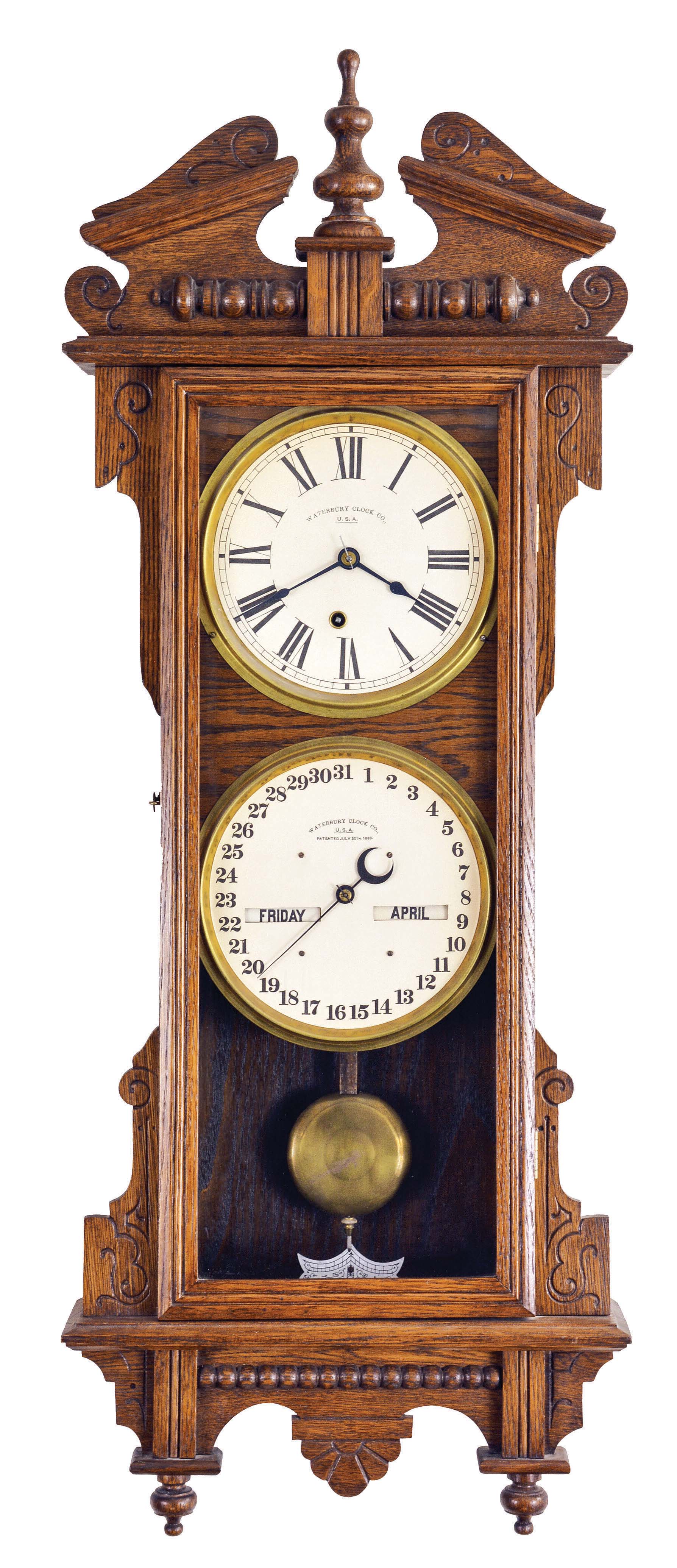 Waterbury Clock Co., Waterbury, Conn., "Calendar No. 33", 8 day, spring driven brass movement double dial calendar clock. — Antique Clocks Price Guide