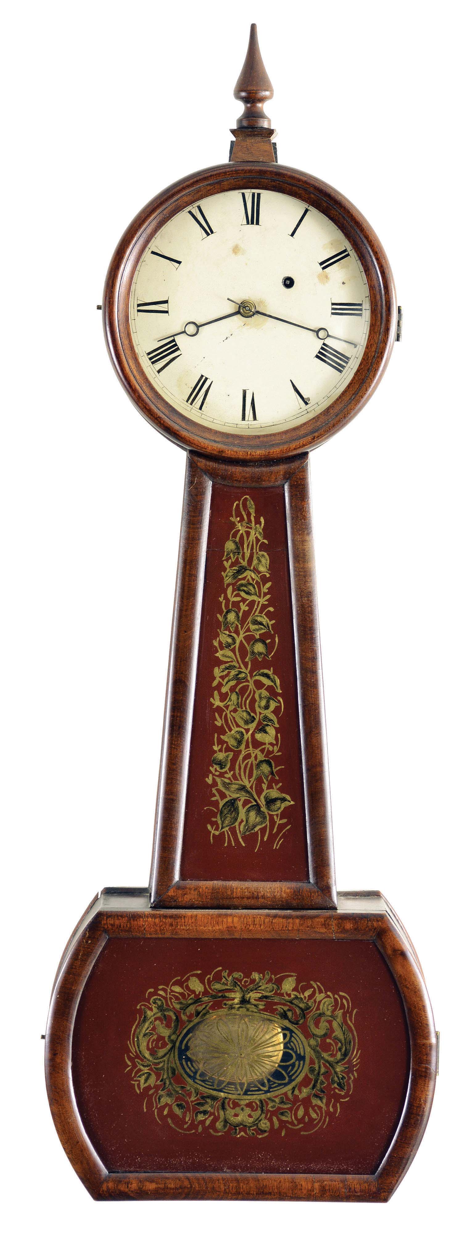 Clocks- 2 (Two) Massachusetts, unknown, 8 day, weight brass movement patent or banjo wall timepiece: (1) Attleboro style (2) Mahogany and mahogany veneered — Antique Clocks Price Guide