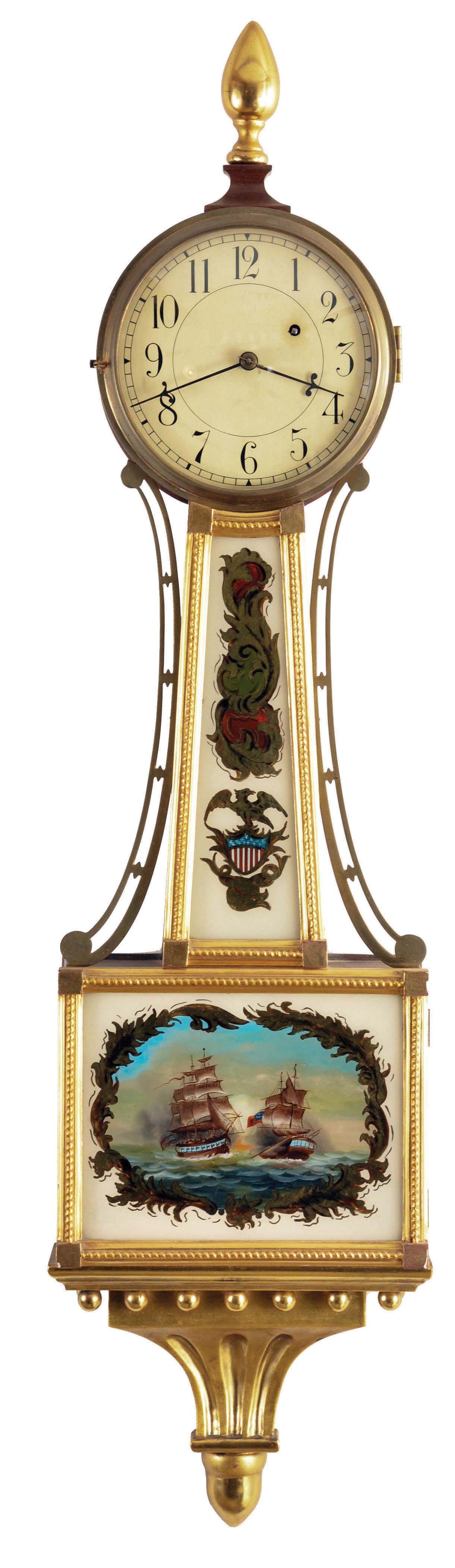 Waltham Clock Co., Waltham, Mass., 8 day, weight driven brass movement gilt front patent or banjo timepiece. — Antique Clocks Price Guide