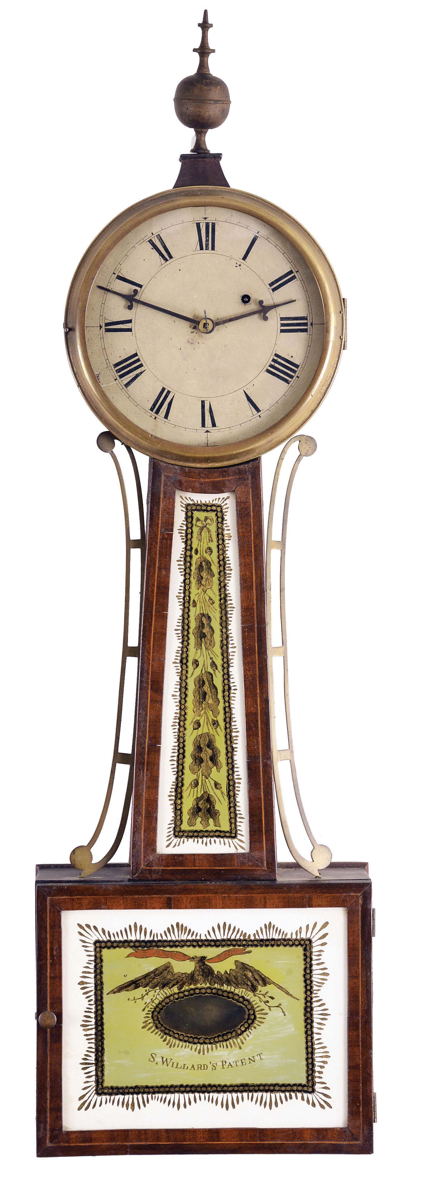 Unsigned, possibly New Hampshire, 8 day, weight brass movement patent or banjo timepiece. — Antique Clocks Price Guide