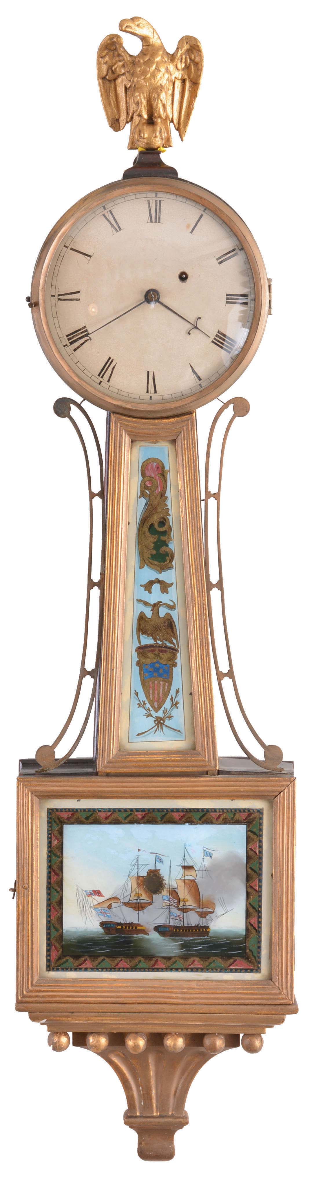 Attributed to David Williams, Newport/Providence, Rhode Island, 8 day, brass weight movement patent or banjo timepiece. — Antique Clocks Price Guide
